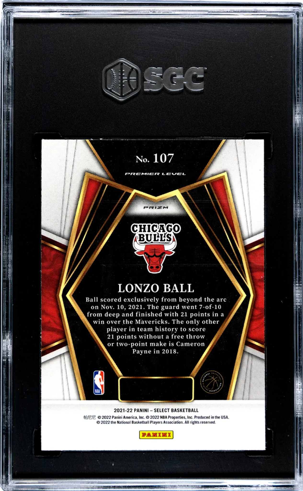 2021-22 Panini Select Silver Prizm Lonzo Ball #107 Premier Level SGC 8.5 - Image 2