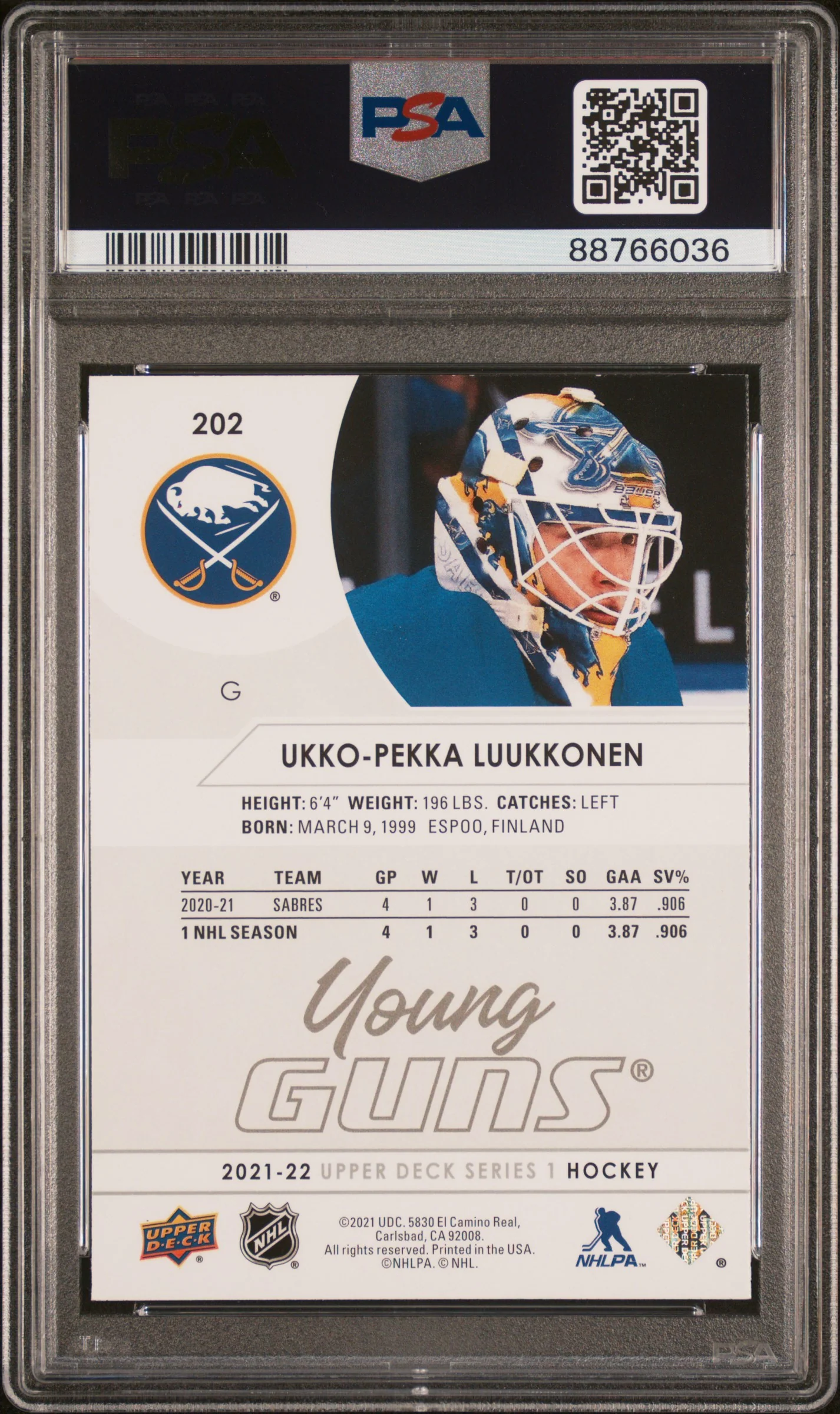 2021-22 Upper Deck Series 1 Young Guns Ukko-Pekka Luukkonen #202 RC PSA 10 - Image 2