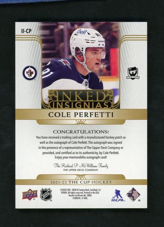 2021 Upper Deck The Cup #II-CP Cole Perfetti Inked Insignias /75 Patch Auto - Image 2