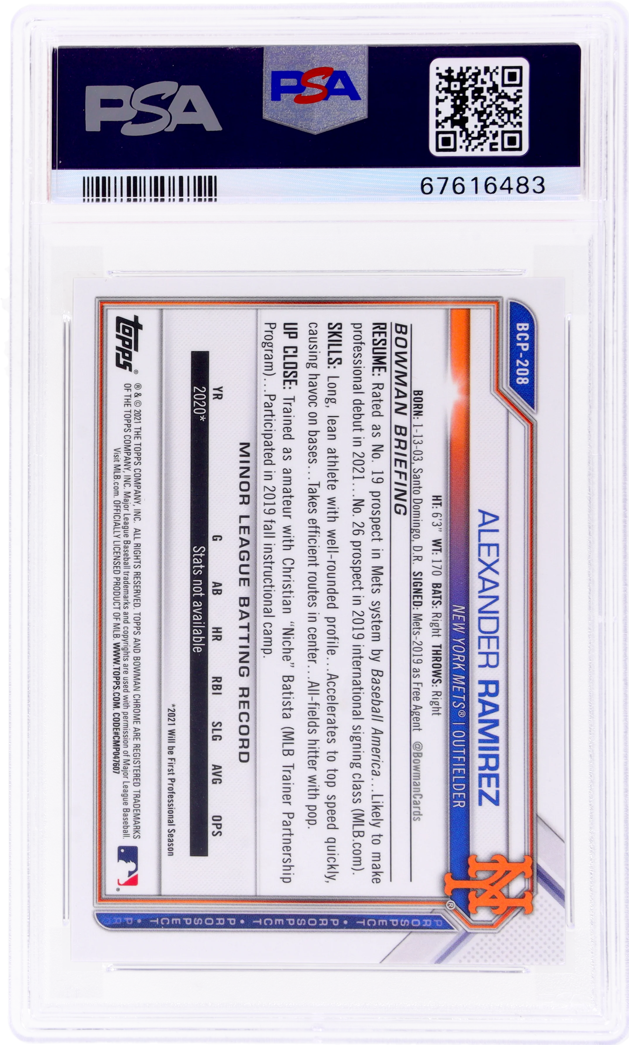 2021 Bowman Chrome Prospects Gold Shimmer Refractor Alexander Ramirez #BCP208 /50 PSA 10 - Image 2