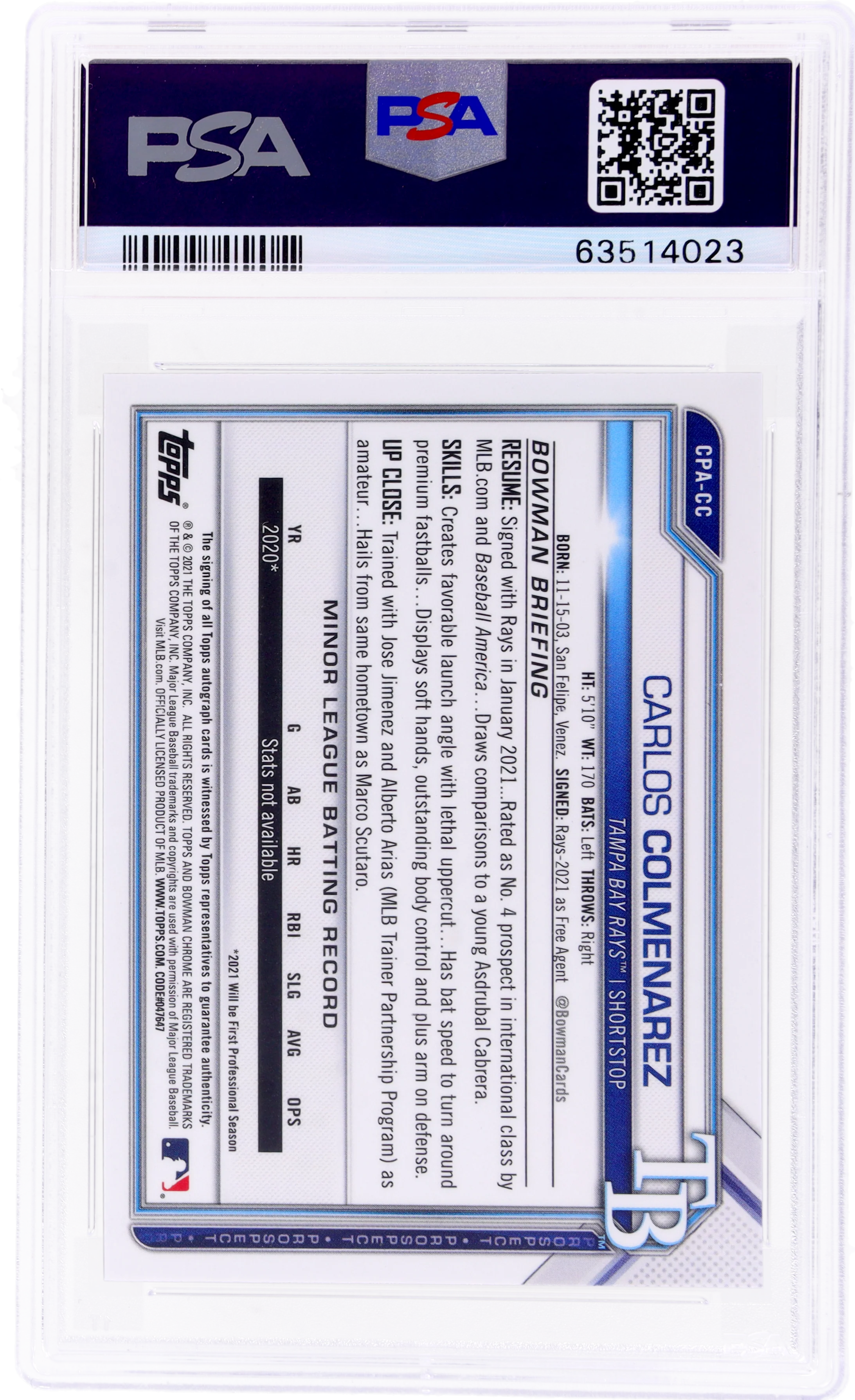 2021 Bowman Chrome Carlos Colmenarez #CPA-CC /100 PSA 9 Auto Atomic Refractor - Image 2