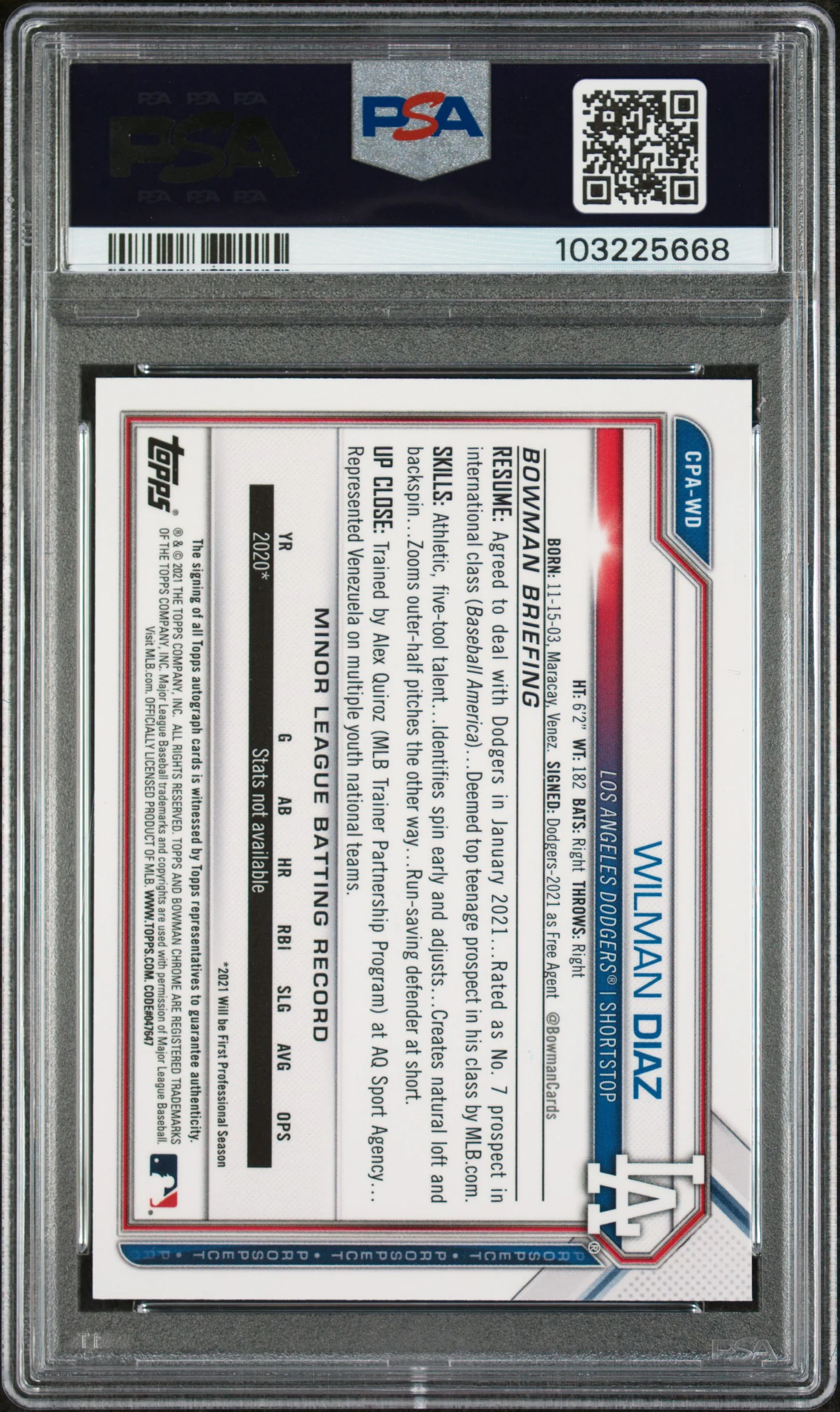 2021 Bowman Chrome #CPAWD Wilman Diaz Prospect Autograph Gold Shimmer Refractor /50 PSA 9 - Image 2