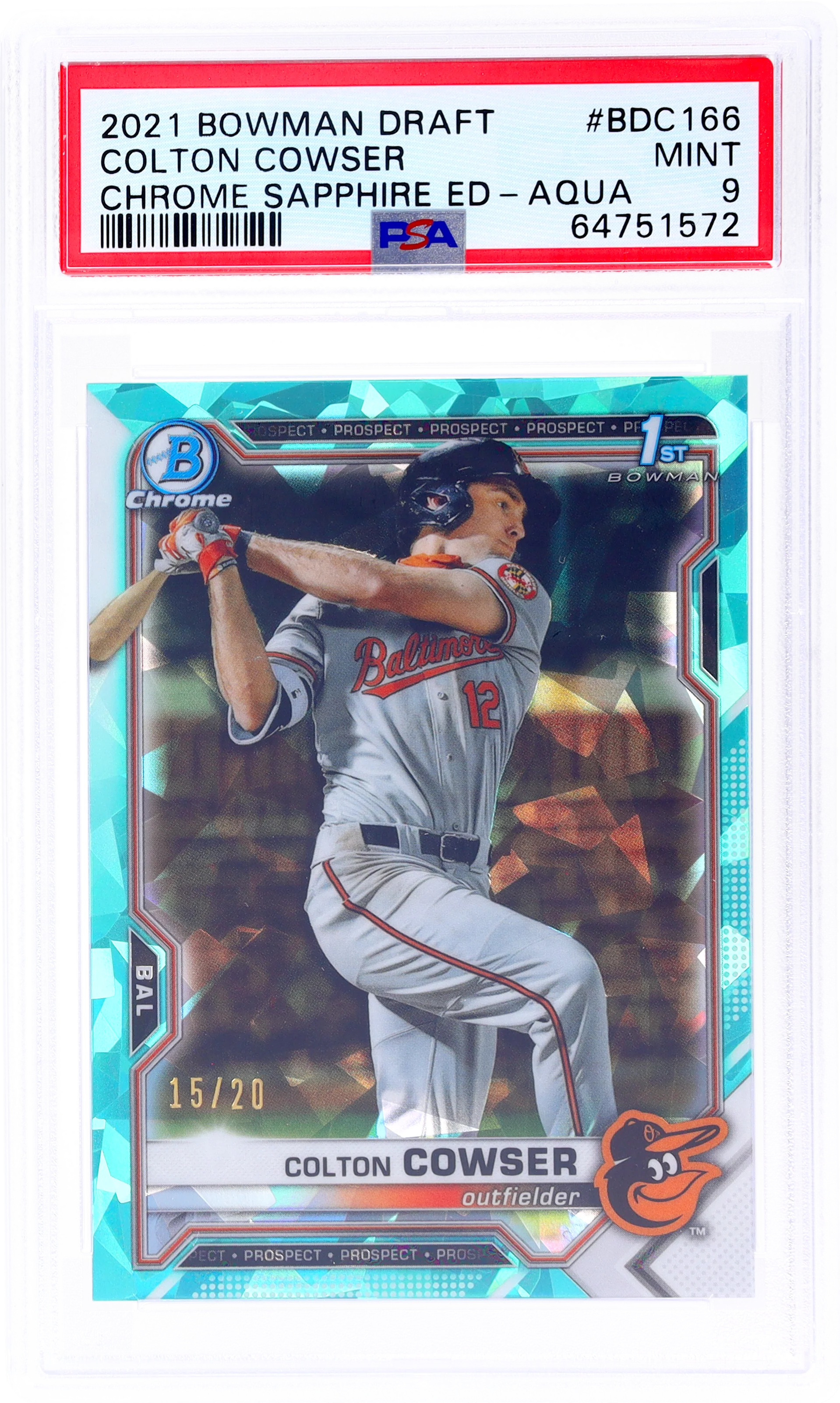 2021 Bowman Draft Chrome Sapphire Colton Cowser #BDC166 /20 PSA 9