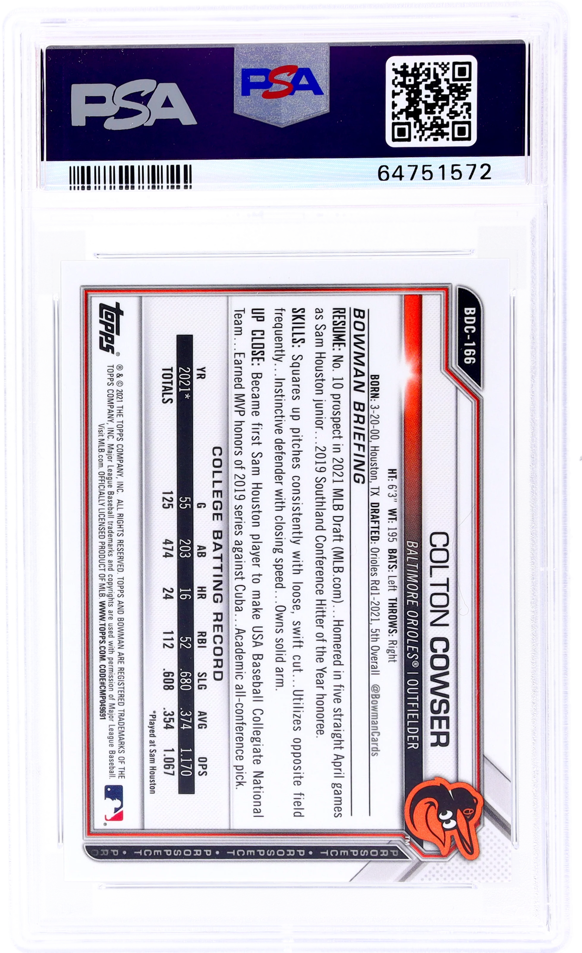 2021 Bowman Draft Chrome Sapphire Colton Cowser #BDC166 /20 PSA 9 - Image 2