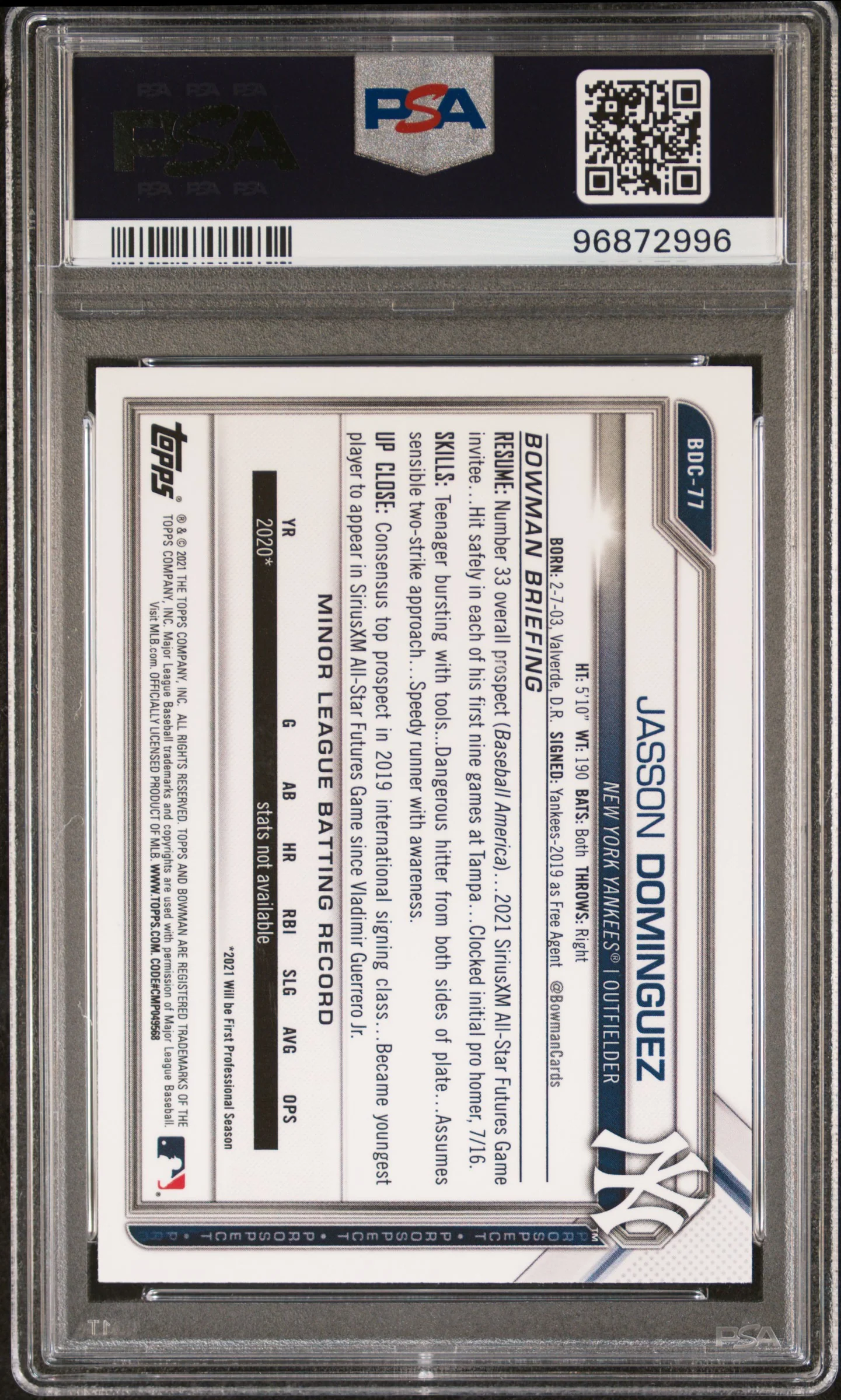 2021 Bowman Chrome Draft Jasson Dominguez #BDC77 PSA 10 - Image 2