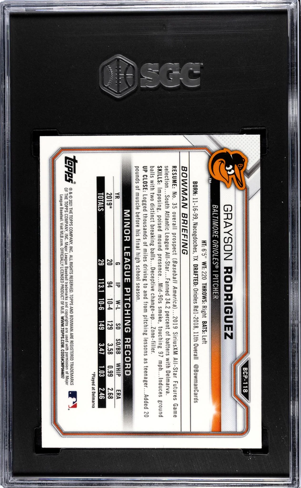 2021 Bowman Chrome Mega Box Grayson Rodriguez #BCP-118 SGC 9 - Image 2