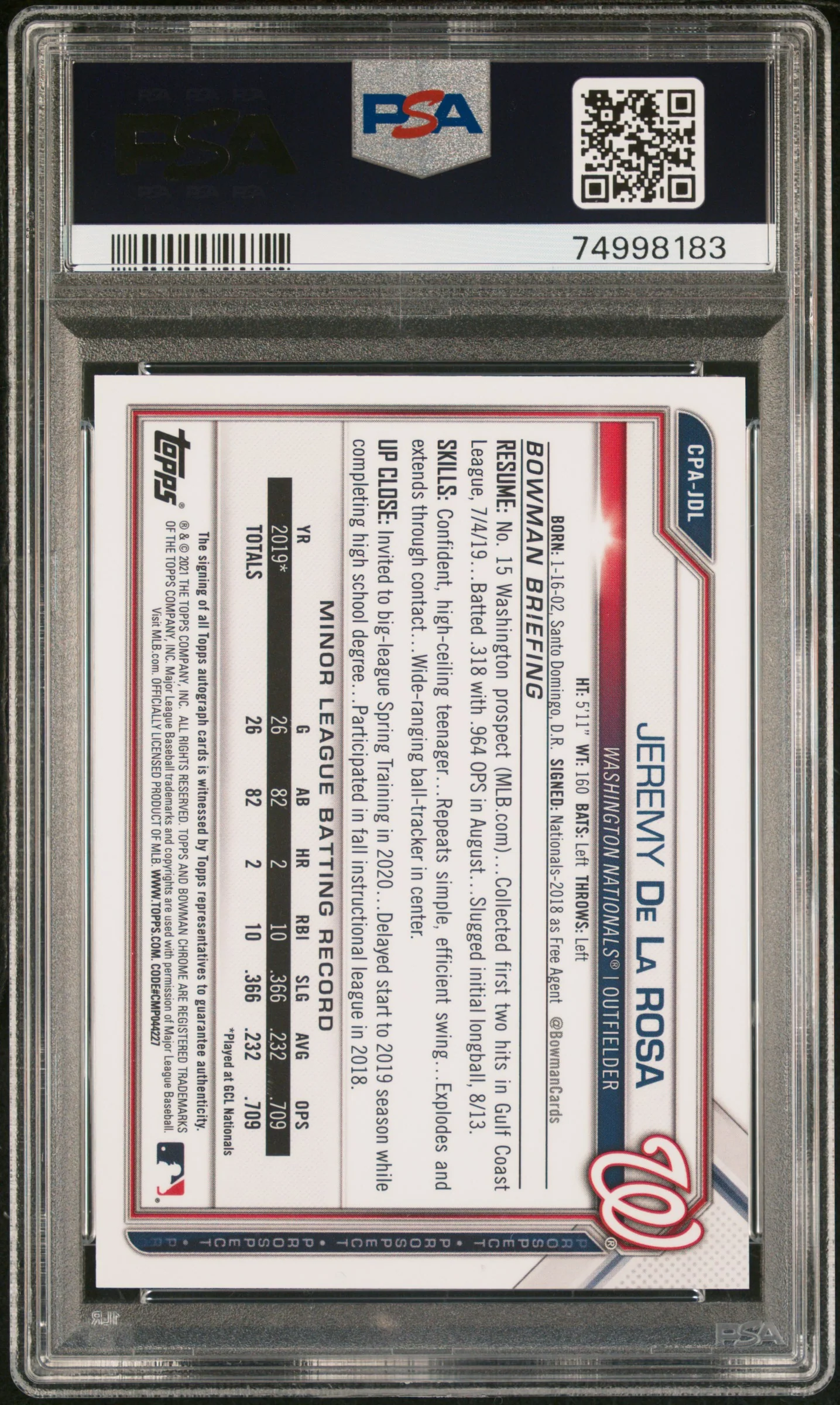 2021 Bowman Chrome Prospect Jeremy De La Rosa #CPA-JDL Auto PSA 9 - Image 2