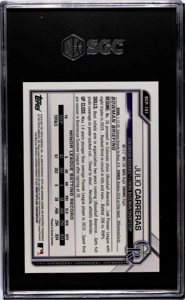 2021 Bowman Chrome Prospects #BCP-161 Julio Carreras Purple Shimmer Refractor 69/250 SGC 9 - Image 2