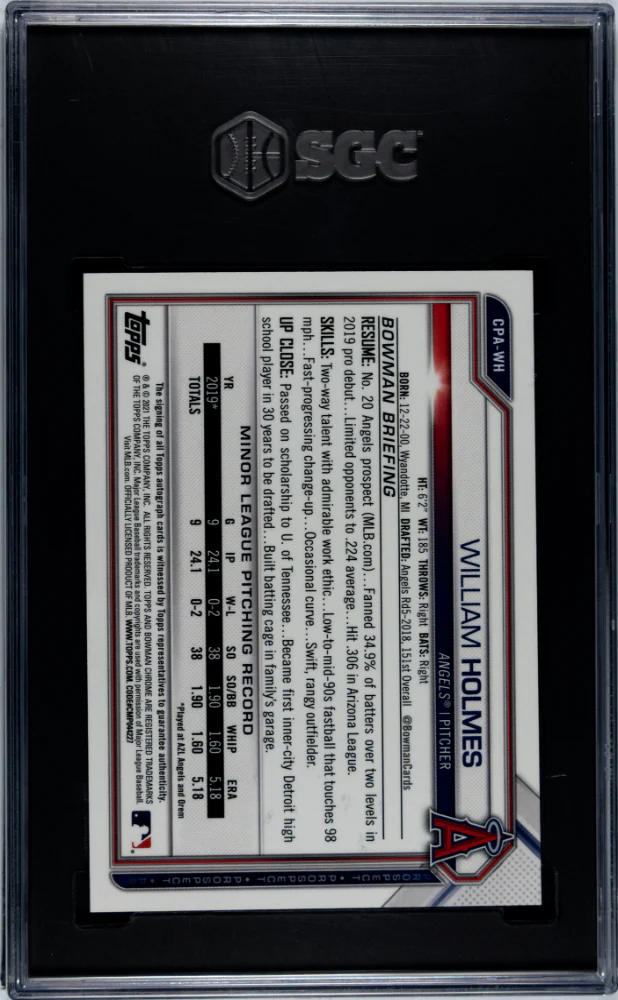 2021 Bowman Chrome William Holmes #CPA-WH Auto SGC 9.5 Auto 10 - Image 2