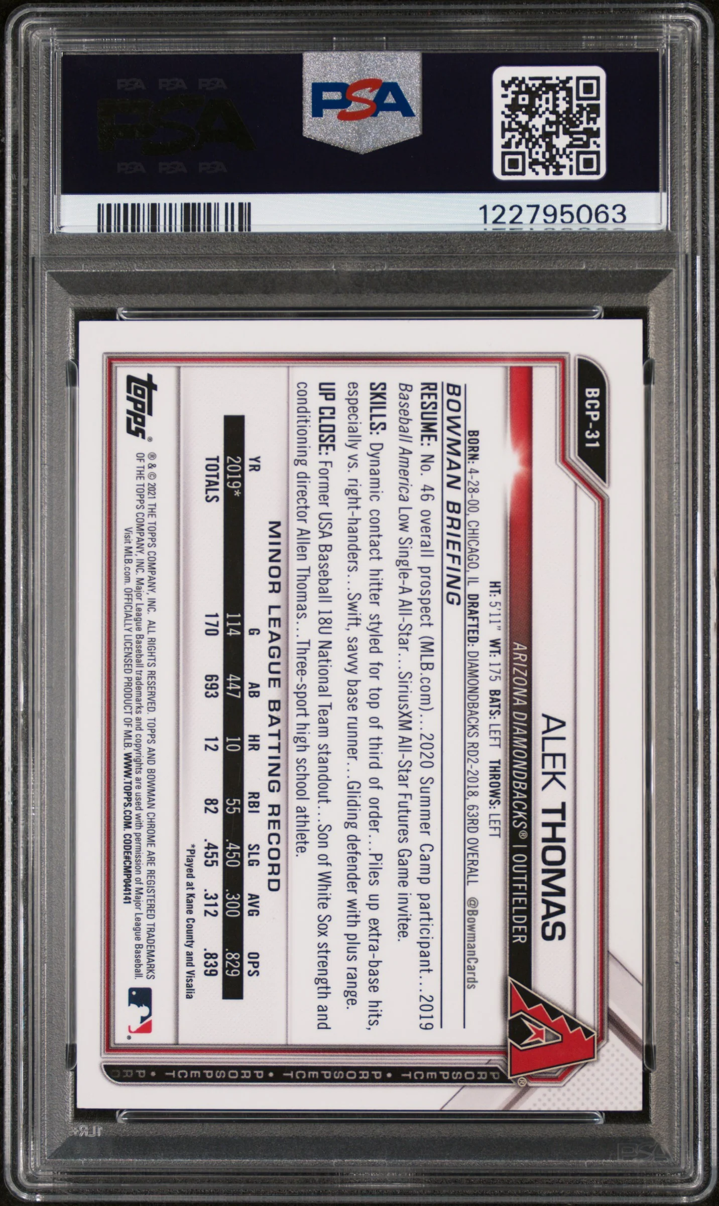 2021 Bowman Chrome Prospects Orange Shimmer Refractor Alek Thomas #BCP31 /25 PSA 8 - Image 2