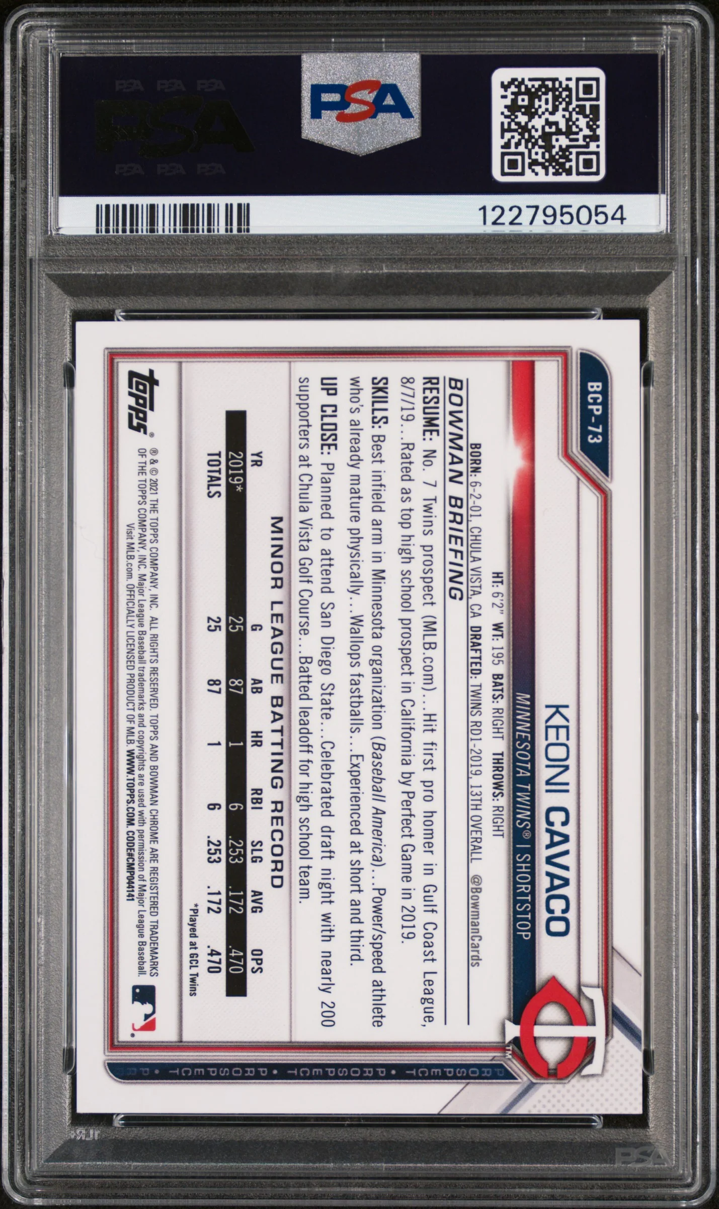 2021 Bowman Chrome Prospects Yellow Mini Diamond Refractor Keoni Cavaco #BCP73 PSA 9 - Image 2