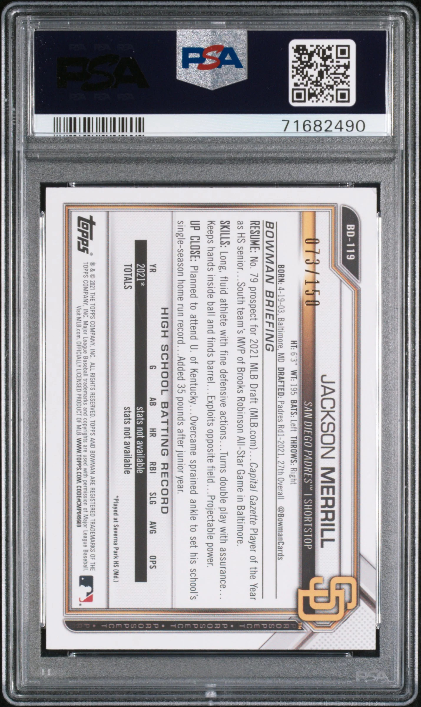 2021 Bowman Draft Blue Jackson Merrill #BD119 /150 PSA 8 - Image 2