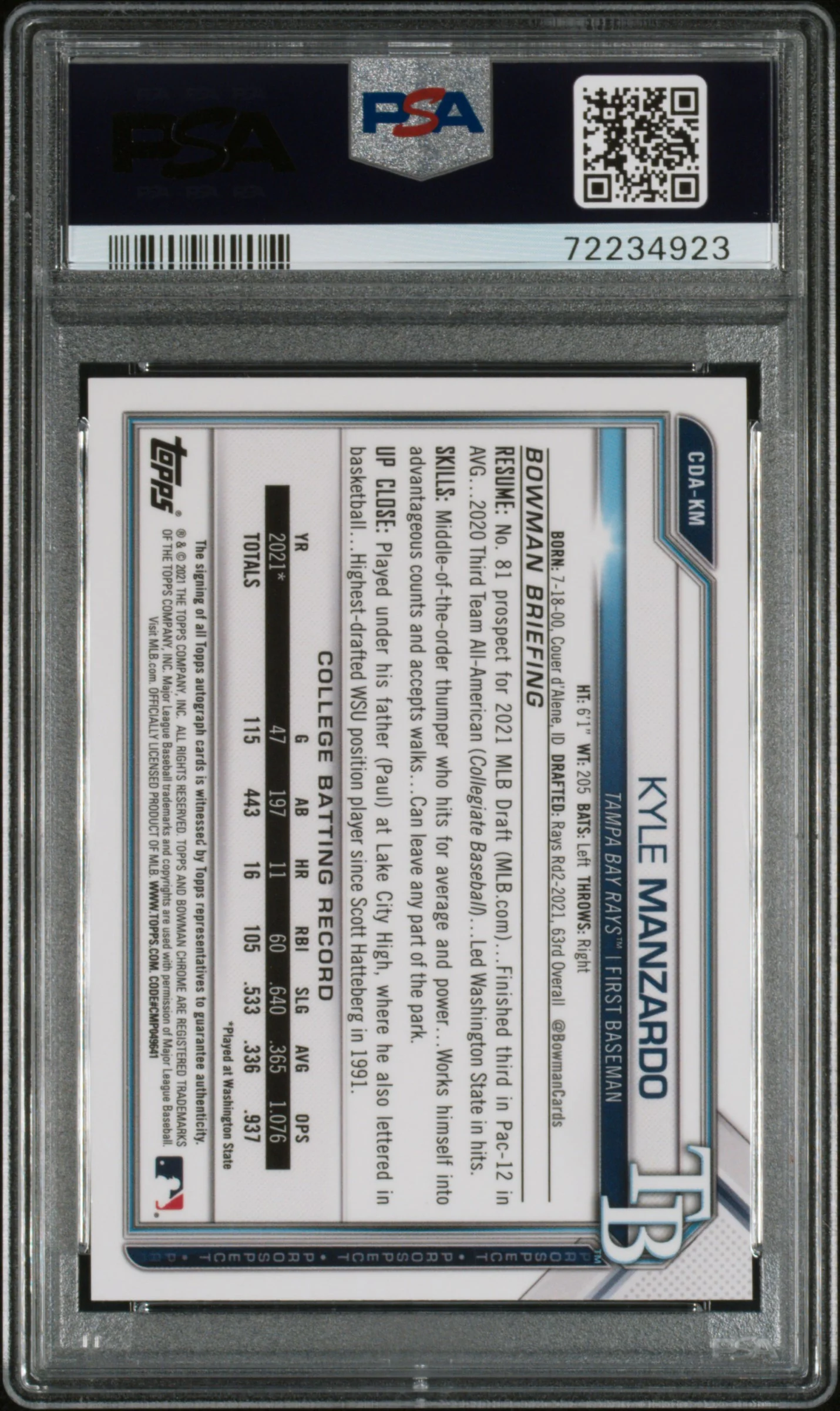 2021 Bowman Draft Chrome Autograph Blue Refractor Kyle Manzardo #CDAKM /150 PSA 10 - Image 2