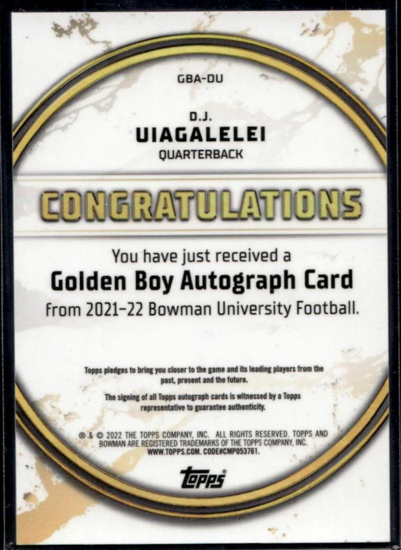 2021 Bowman GBA-DU D.J. Uiagalelei Golden Boy /99 Auto - Image 2