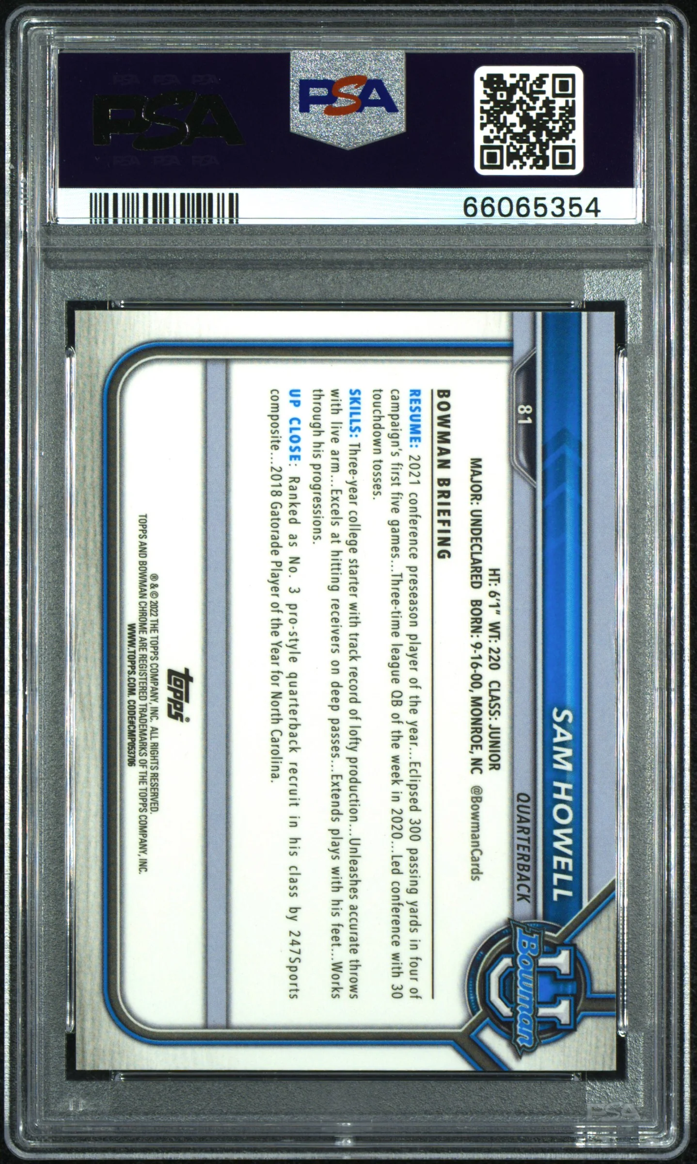 2021 Bowman Green Shimmer Sam Howell #81 /99 PSA 9 - Image 2