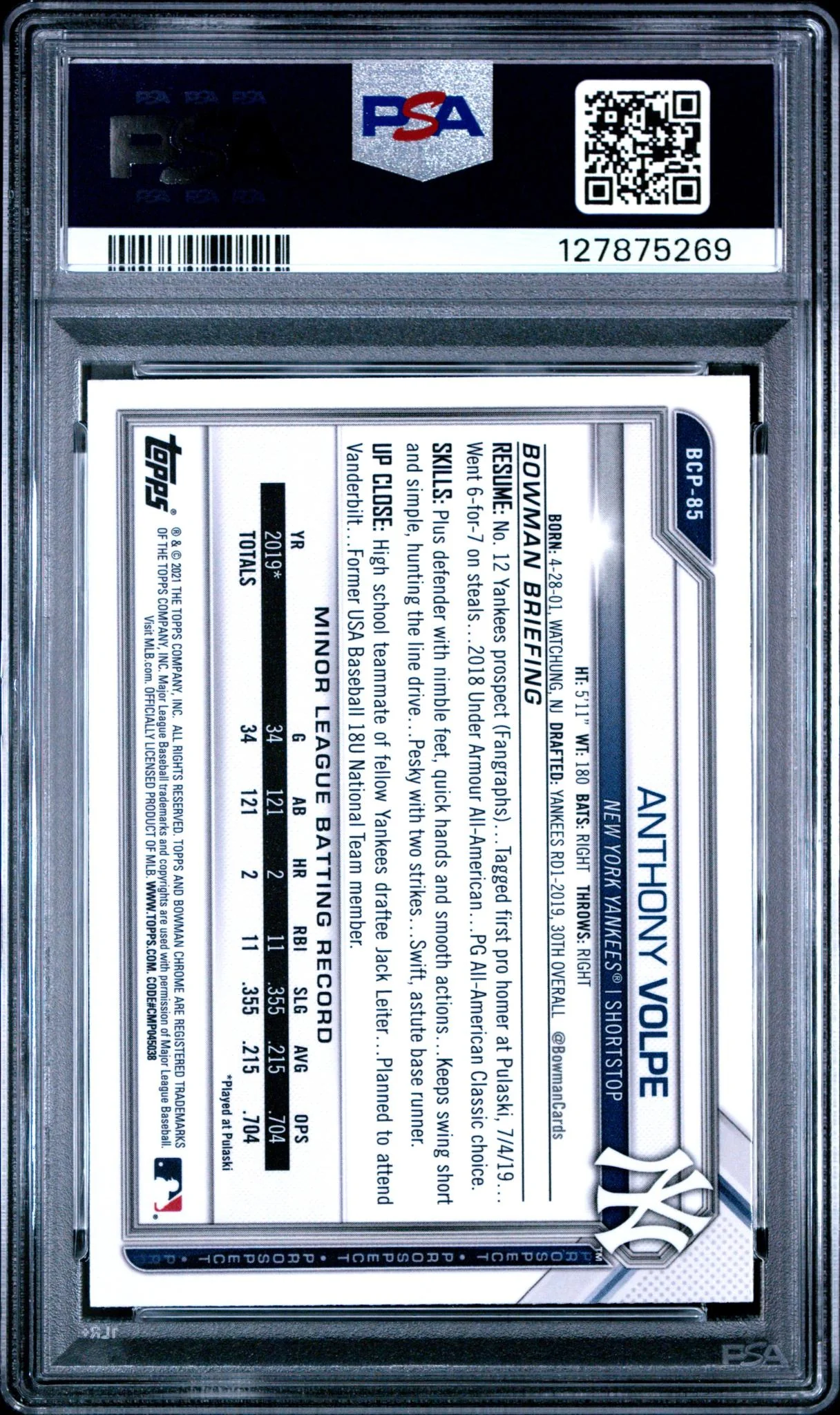 2021 Bowman Sapphire Chrome Prospect Anthony Volpe #BCP85 PSA 10 - Image 2