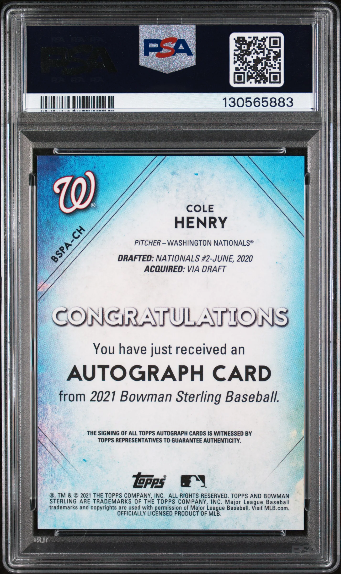 2021 Bowman Sterling Prospect Autograph Cole Henry #BSPACH PSA 10 - Image 2