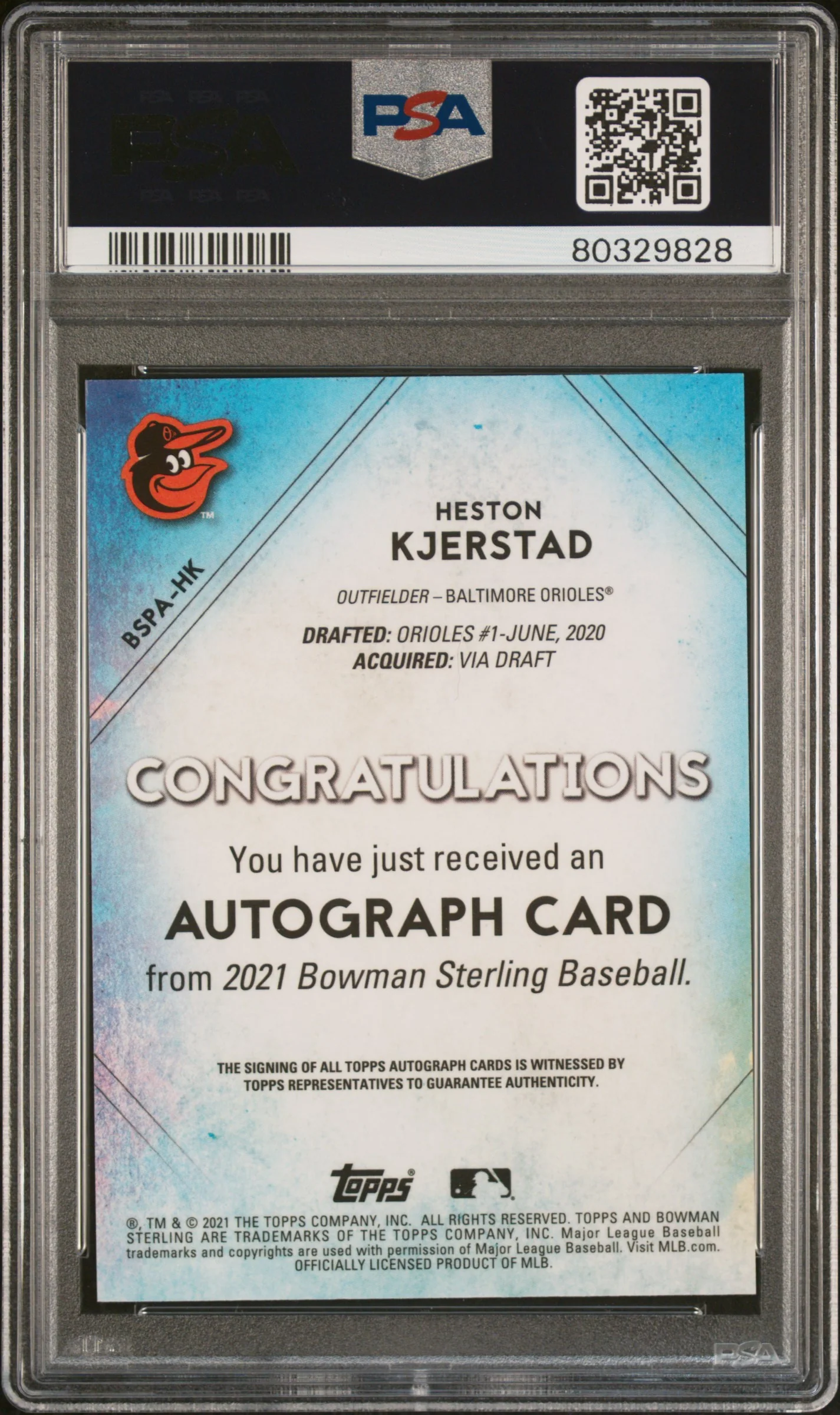 2021 Bowman Sterling Prospect Autographs Wave Refractor Heston Kjerstad #BSPAHK /125 PSA 10 - Image 2