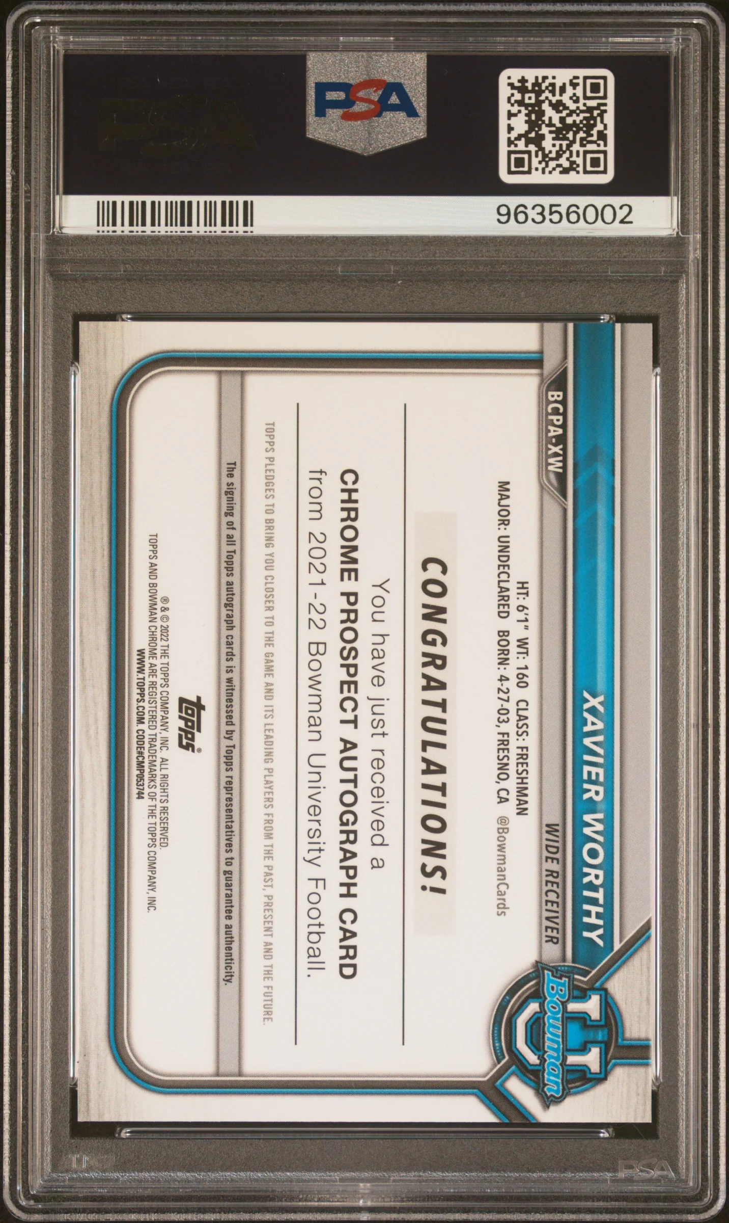 2021 Bowman University Chrome Prospect Autographs Gold Lava Refractor Xavier Worthy #XW /50 PSA 10 - Image 2