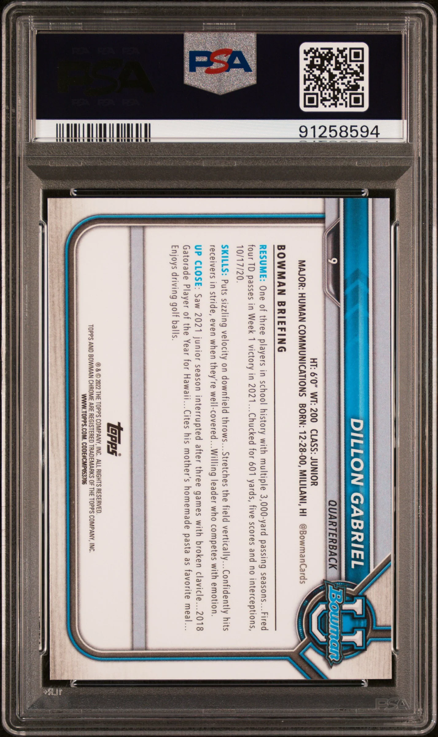 2021 Bowman University Chrome Prospects Gold Shimmer Refractor Dillon Gabriel #9 /50 PSA 10 - Image 2