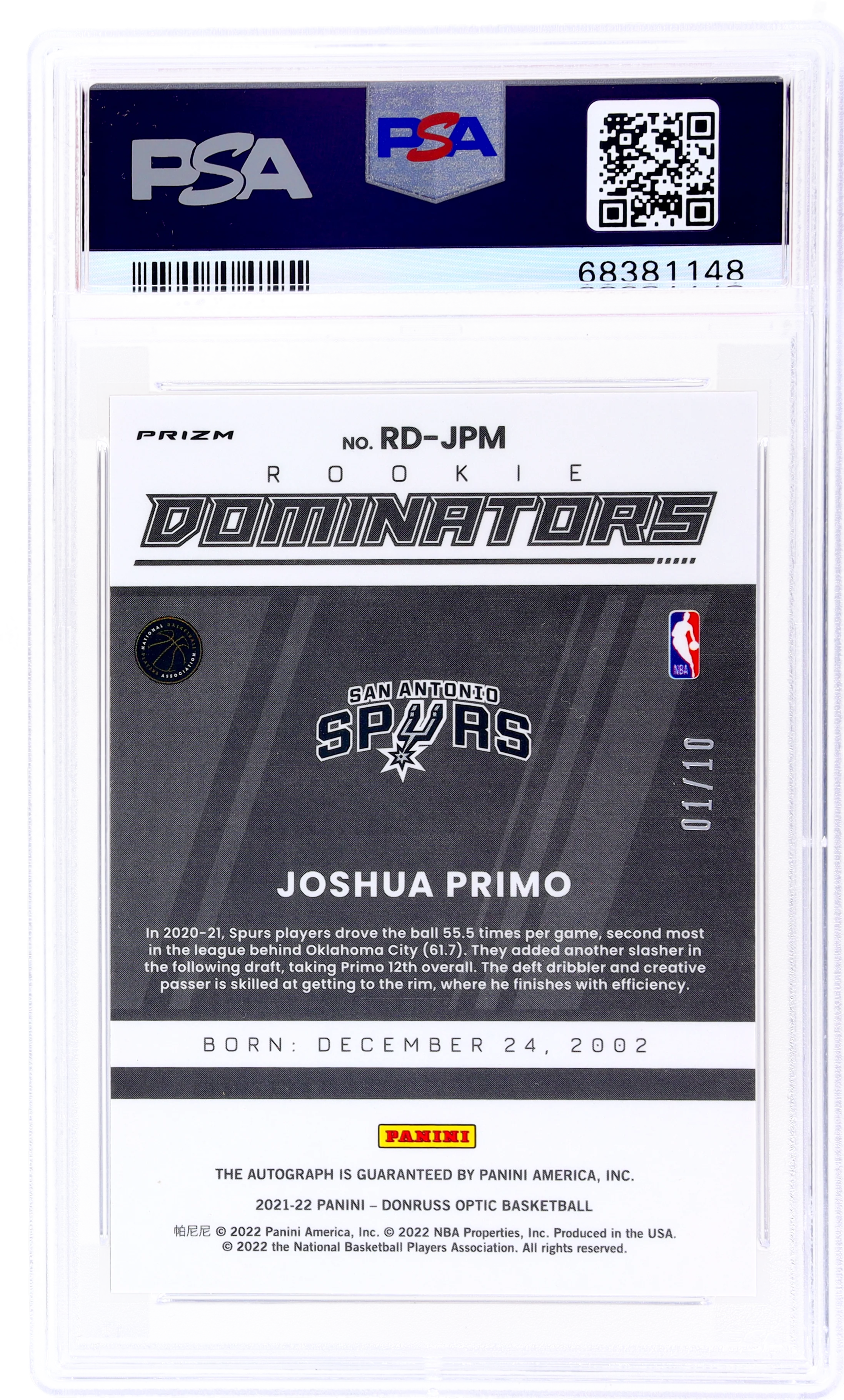 2021 Donruss Optic Dominators Joshua Primo #RDJPM /10 PSA 9 RC Auto - Image 2
