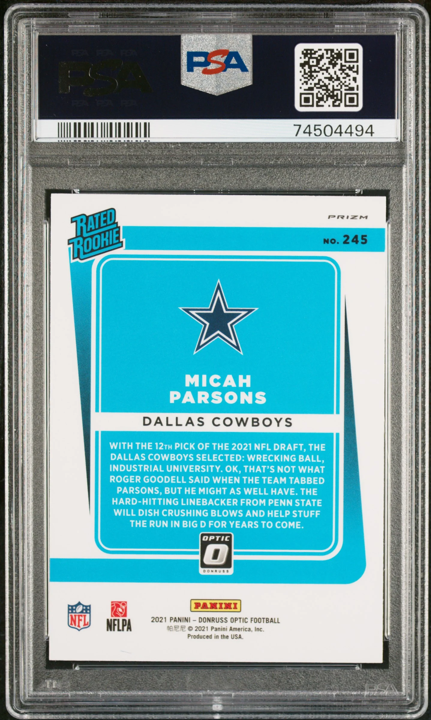 2021 Donruss Optic Blue Scope Micah Parsons #245 PSA 9 - Image 2