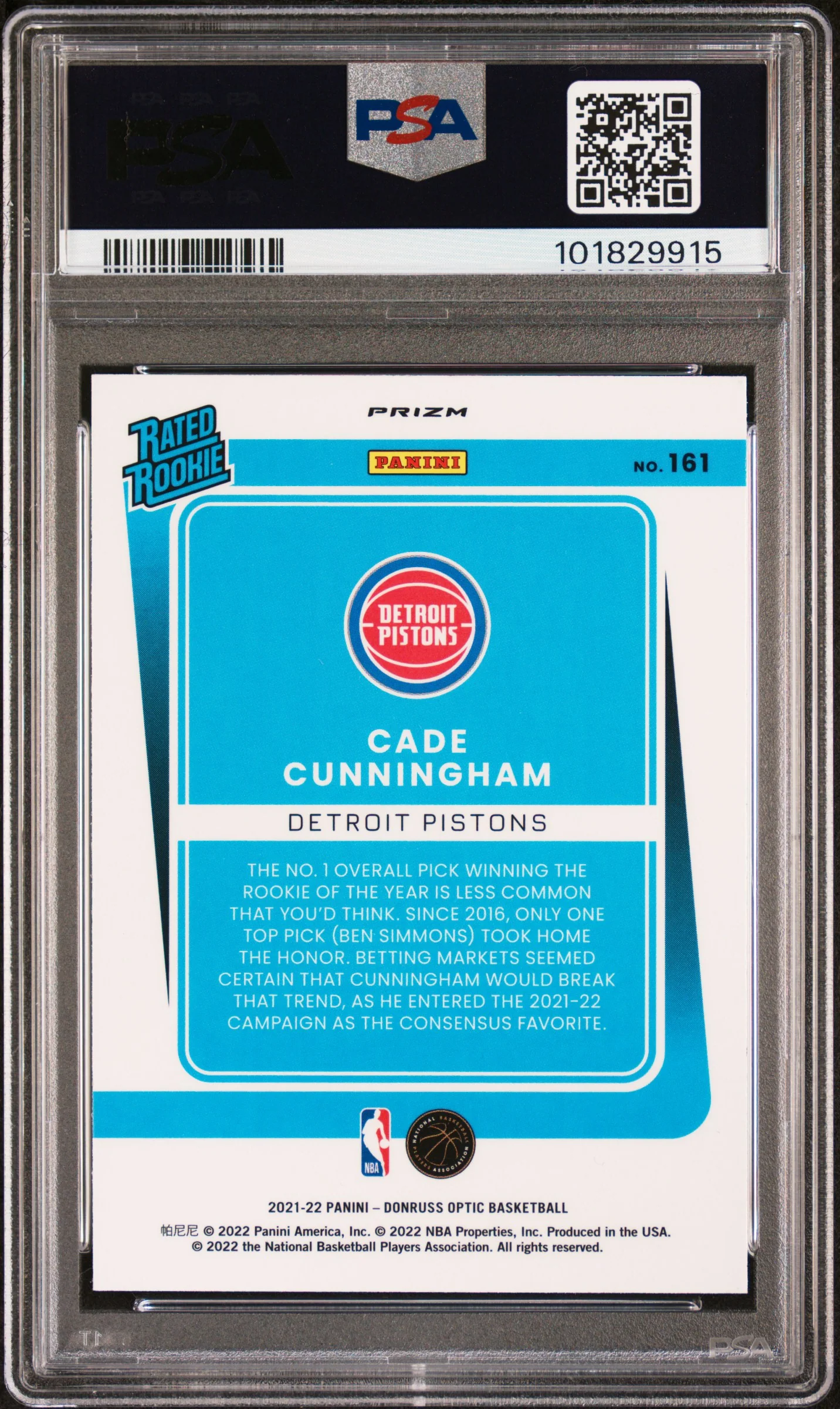 2021 Donruss Optic Rated Rookie Blue Velocity Cade Cunningham #161 PSA 9 - Image 2