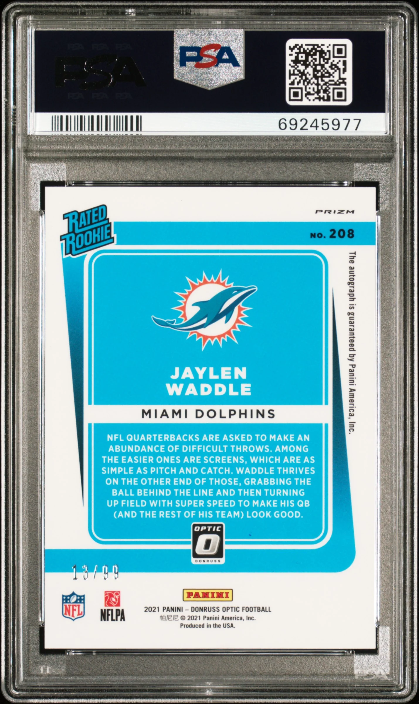 2021 Donruss Optic Rated Rookies Rps Autographs Blue Jaylen Waddle #208 /99 PSA 10 - Image 2