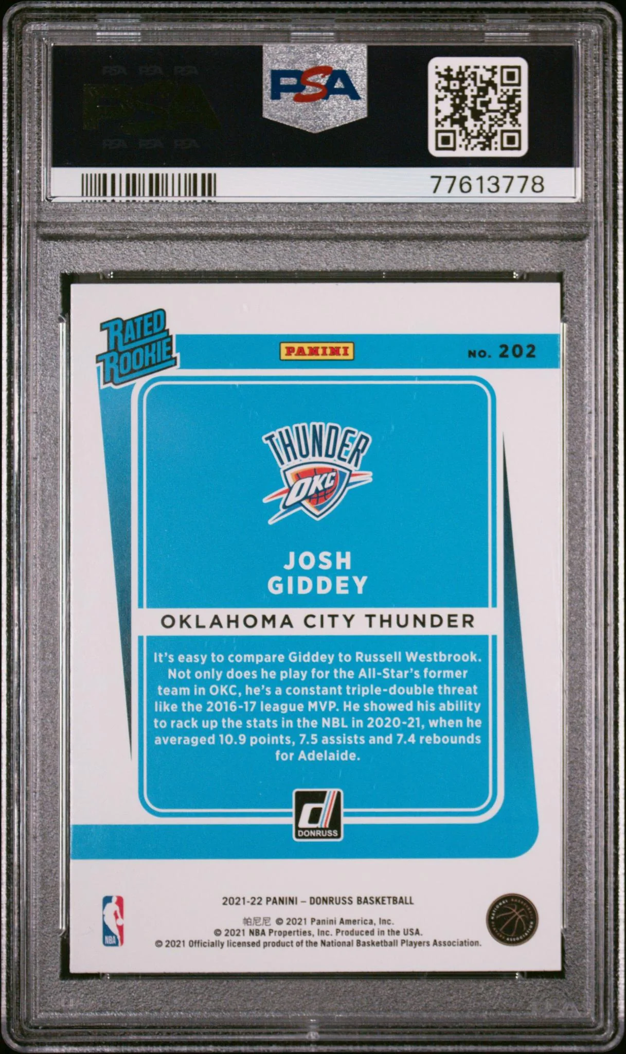 2021 Donruss Rated Rookie Choice Josh Giddey #202 PSA 10 - Image 2