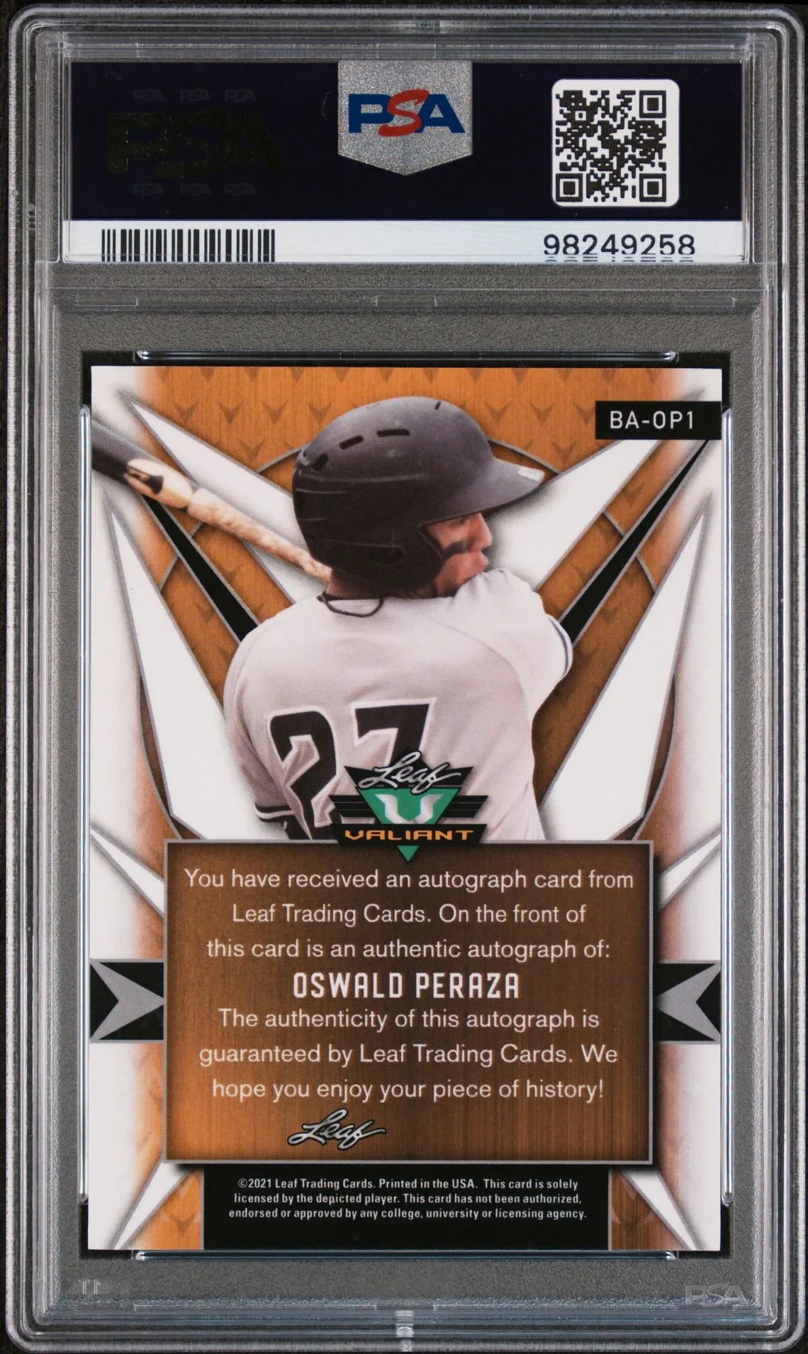 2021 Leaf Valiant Oswald Peraza #BA-OP1 Auto PSA 10 - Image 2