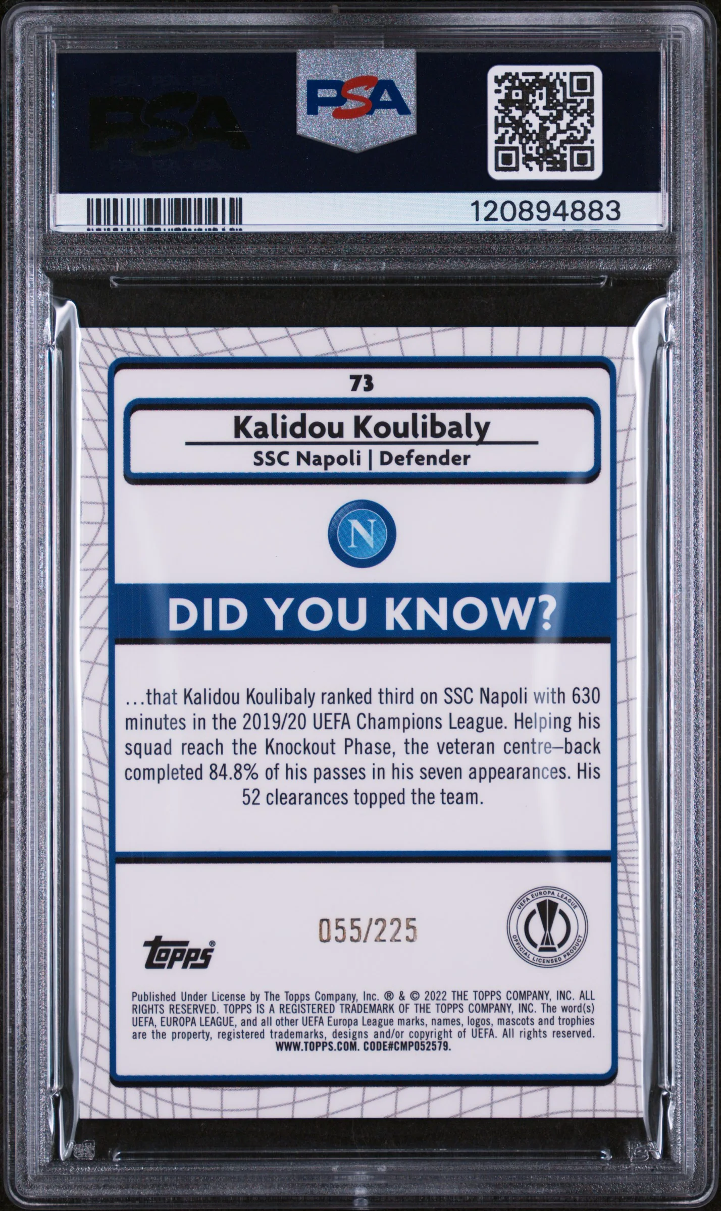 2021 Merlin Chrome #73 Kalidou Koulibaly /225 PSA 10 - Image 2