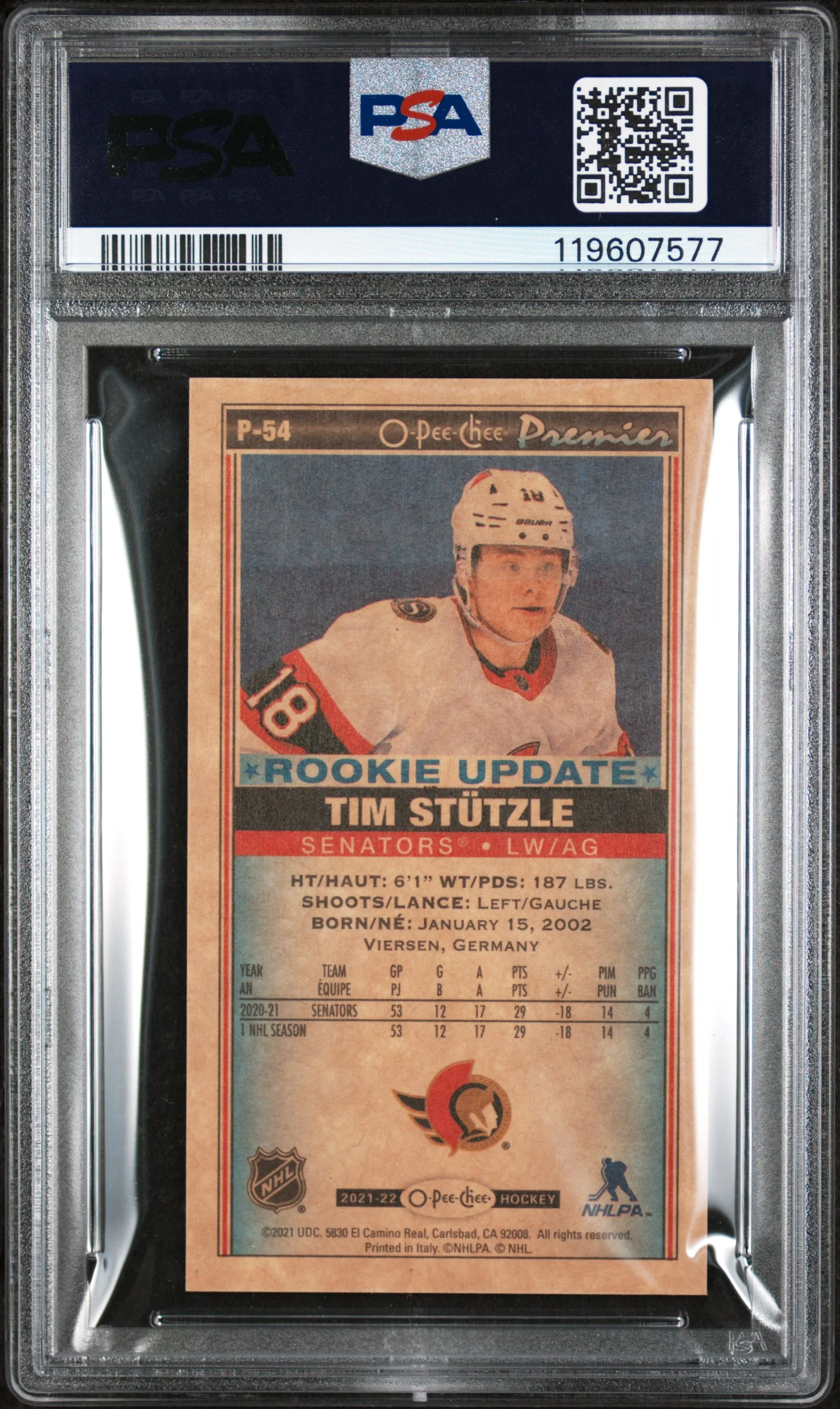 2021 O-Pee-Chee Premier Tallboys Rookie Update Tim Stutzle #P-54 PSA 10 - Image 2