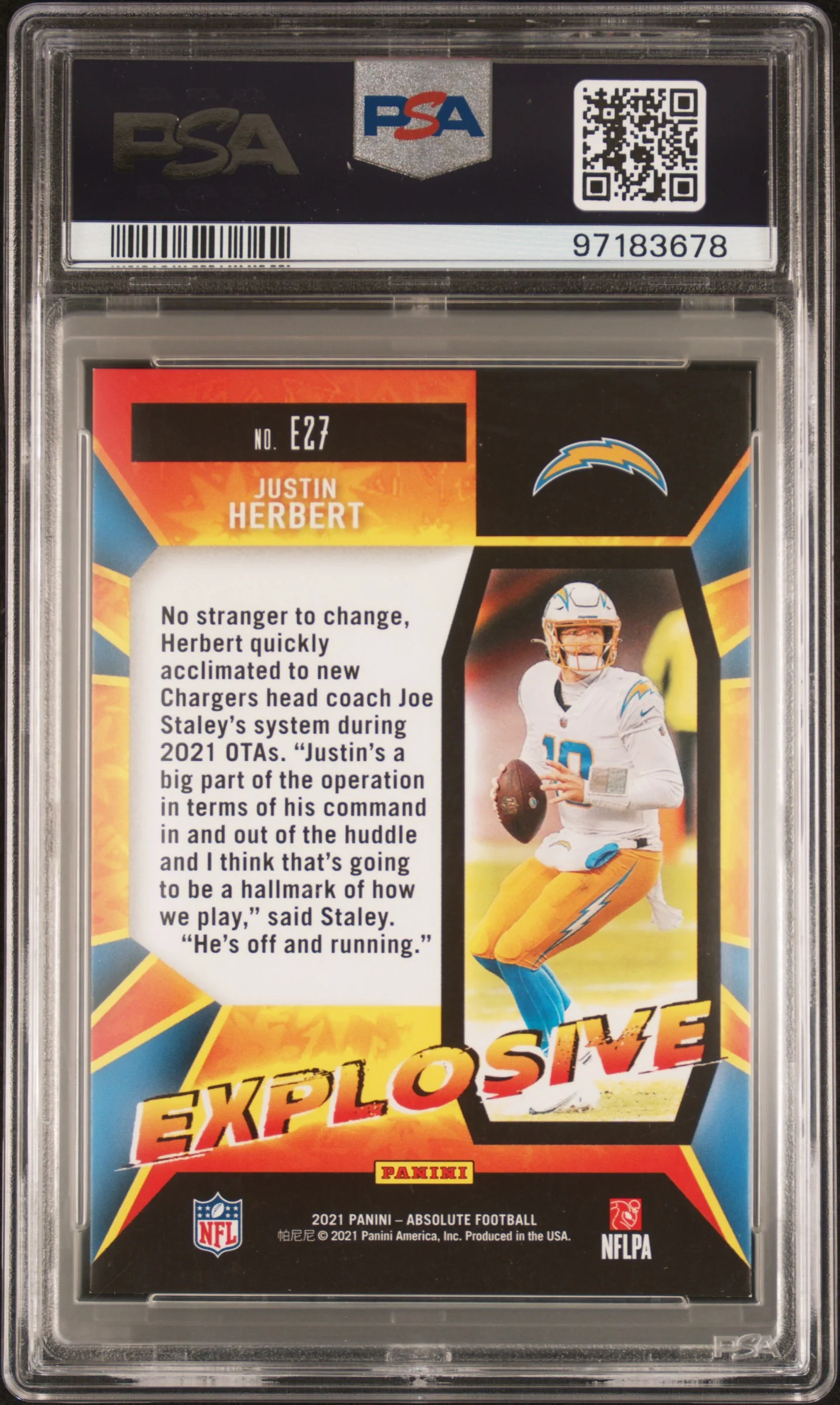 2021 Panini Absolute Explosive Gold Justin Herbert #27 /10 PSA 9 - Image 2