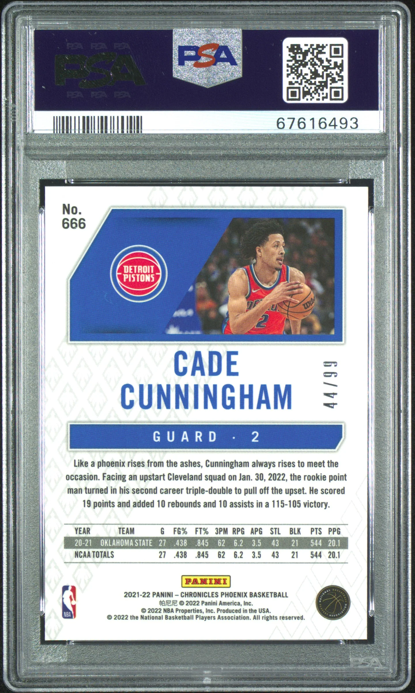 2021 Panini Chronicles Phoenix Blue Cade Cunningham #666 /99 PSA 9 - Image 2