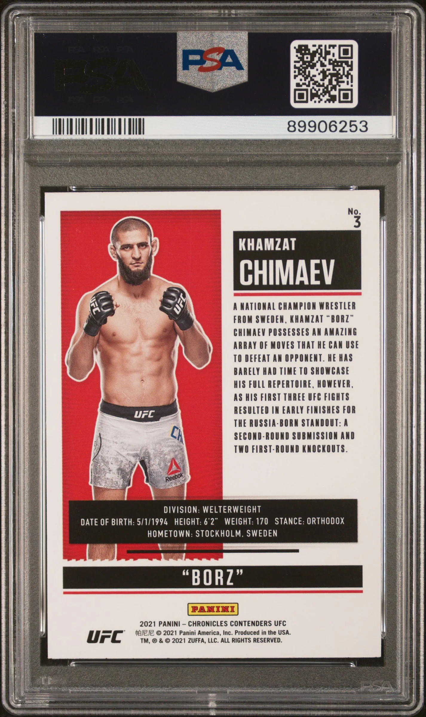 2021 Panini Chronicles UFC Contenders Season Ticket Khamzat Chimaev #3 PSA 10 - Image 2