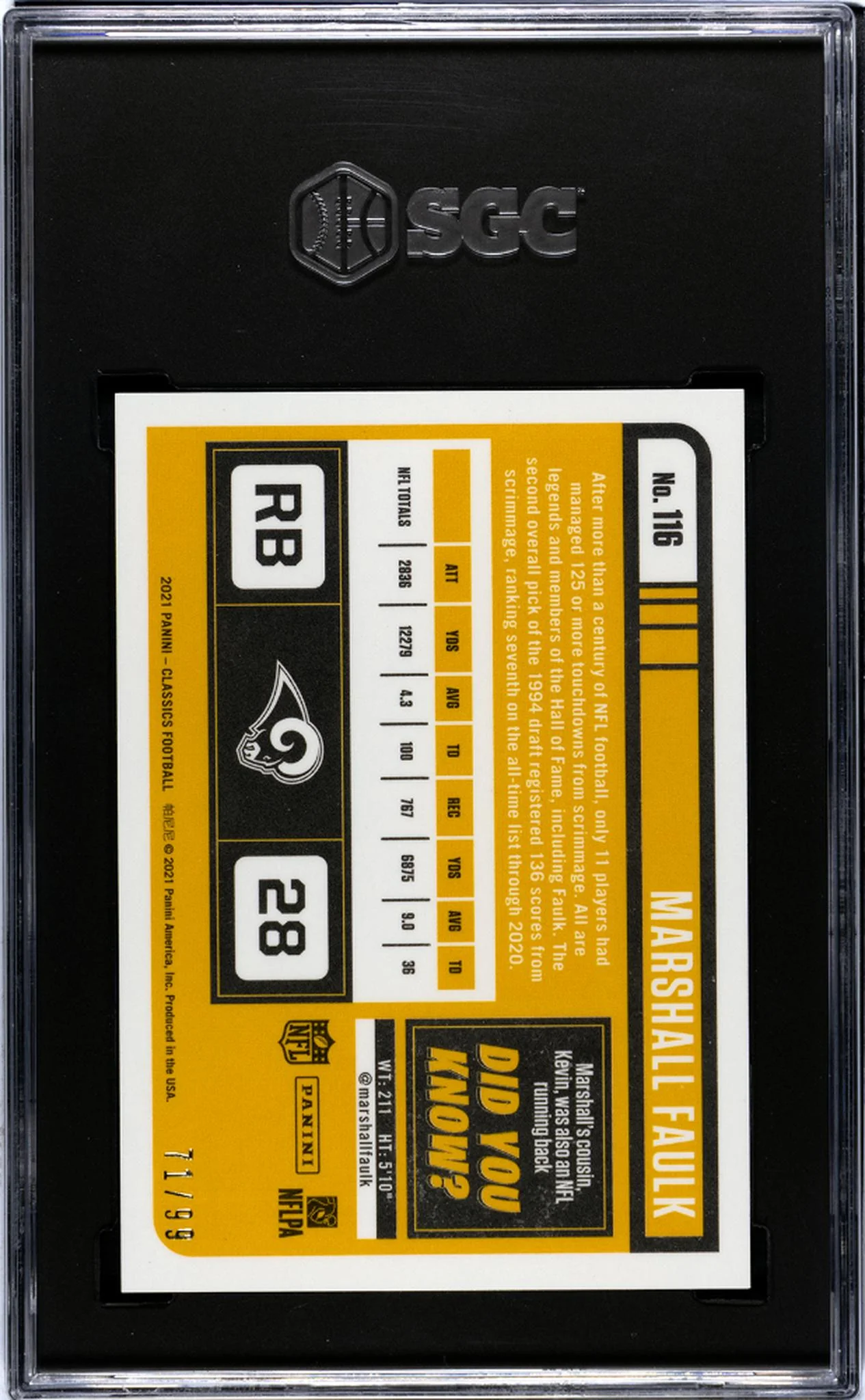 2021 Panini Classics #116 Marshall Faulk Timeless Tributes H2 Premium Gold /99 SGC 10 - Image 2
