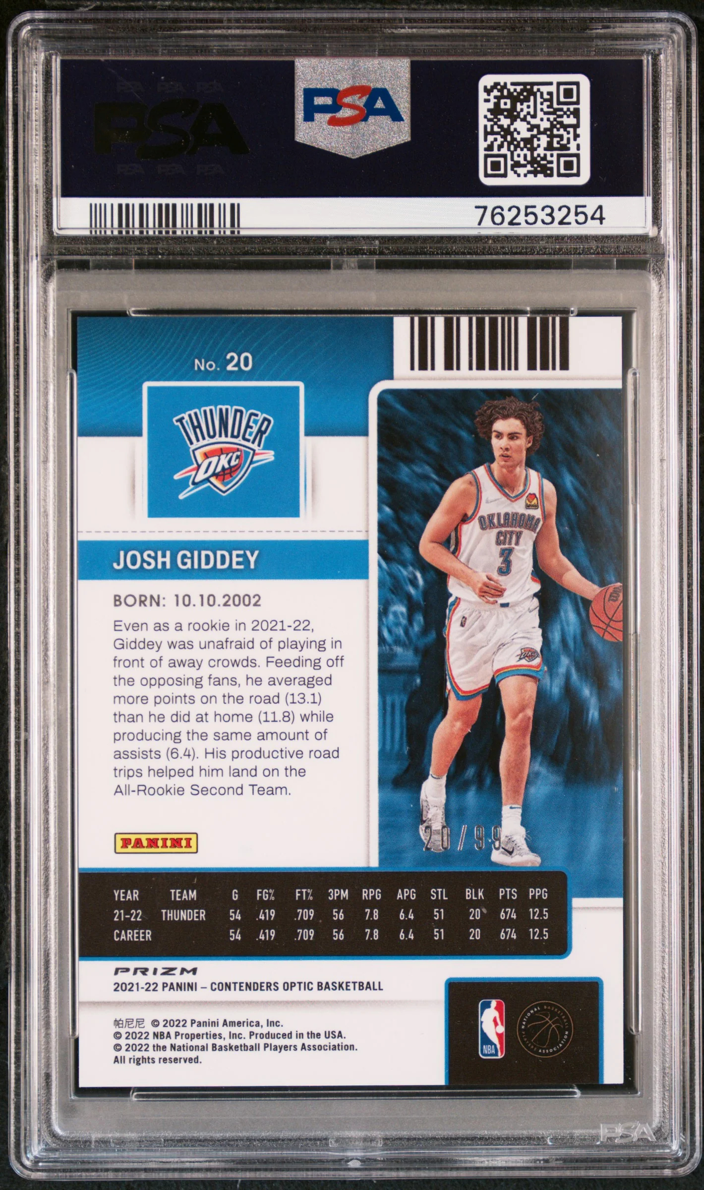 2021 Panini Contenders Optic Rookie Ticket Blue Josh Giddey #20 RC /99 PSA 9 - Image 2