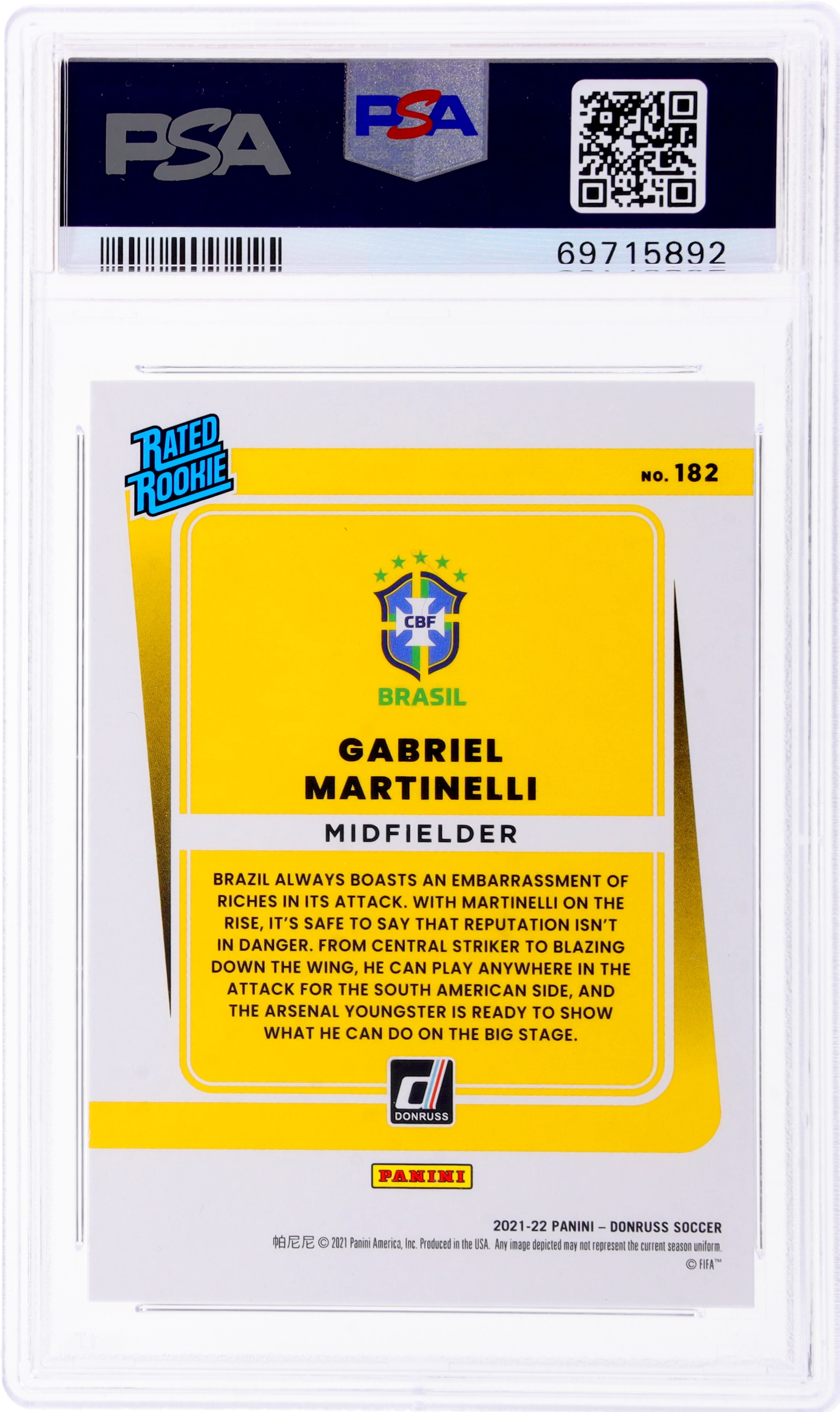 2021/22 Donruss RD/Qatar Gabriel Martinelli #182 RC PSA 10 - Image 2