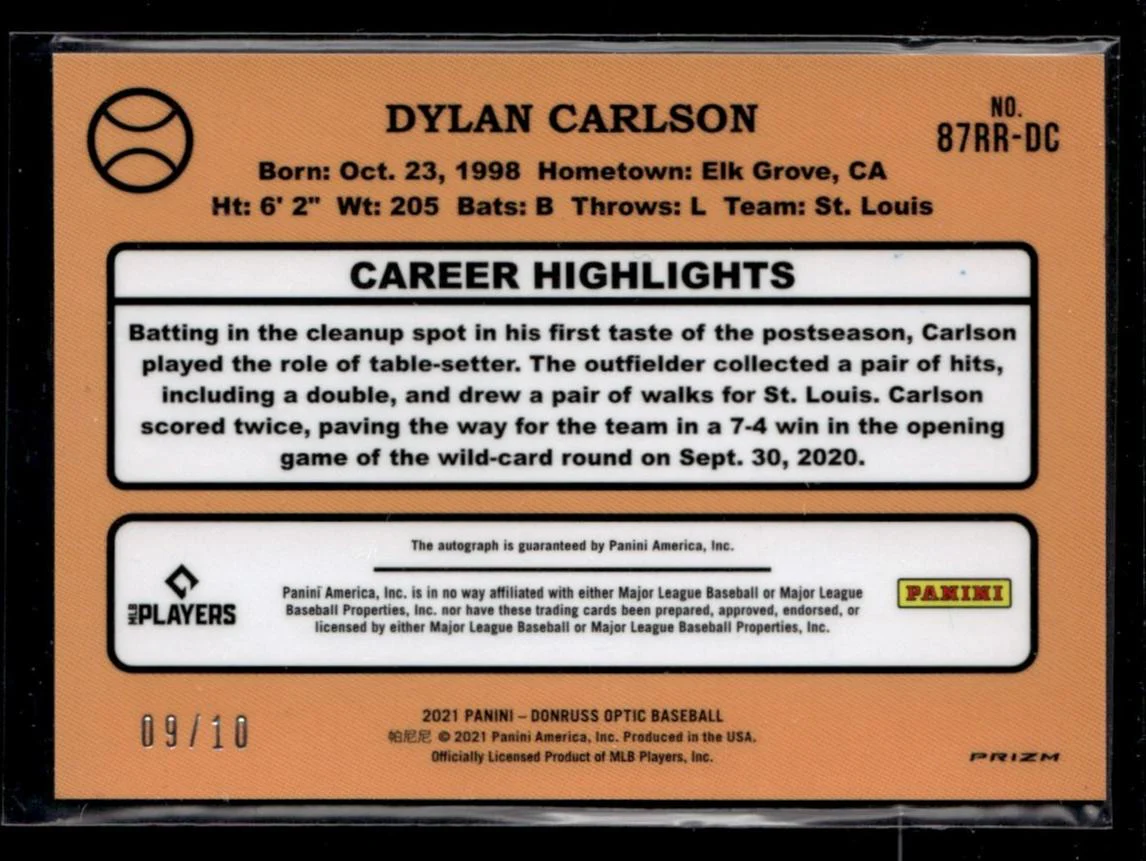 2021 Panini Donruss Optic Rated Rookie Gold Dylan Carlson #87RR-DC RC Auto /10 - Image 2