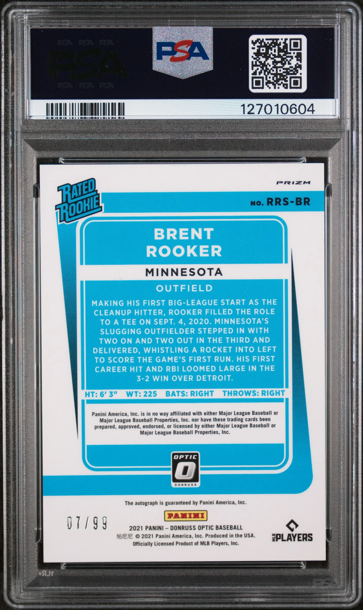 2021 Panini Donruss Optic Rated Rookie Signatures Rtd.Rk.Sig-Navy Blue Stars Brent Rooker #RRSBR /99 PSA 8 - Image 2