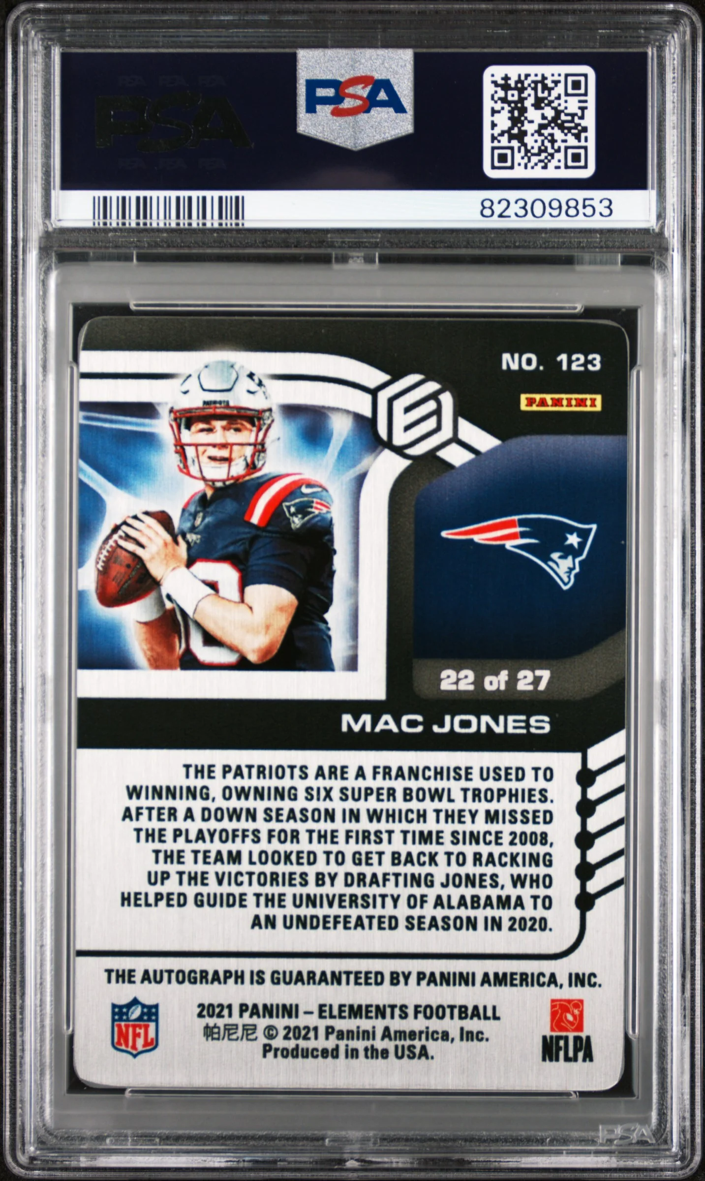 2021 Panini Elements Signature-Cobalt Mac Jones #123 /27 PSA 8 - Image 2