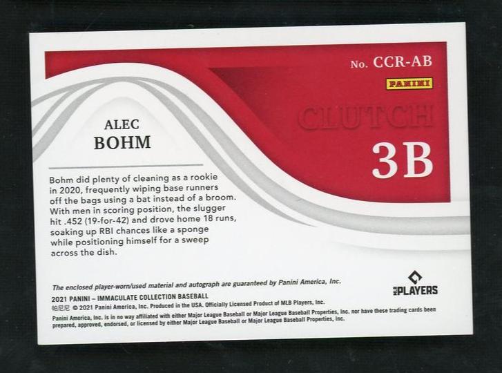 2021 Panini Immaculate Collection Clutch Alec Bohm #CCR-AB RC RC Patch Auto /10 - Image 2