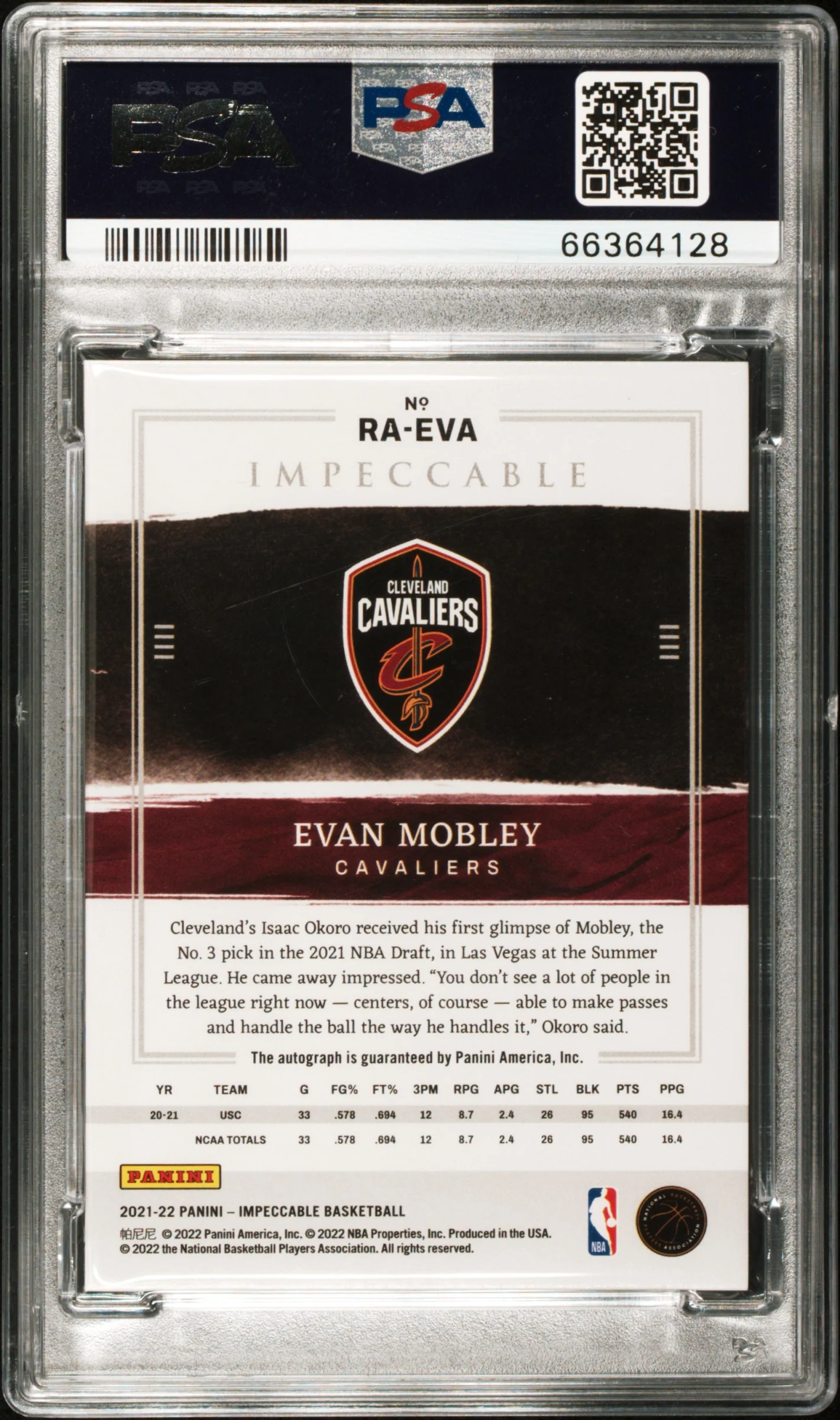 2021 Panini Impeccable Rookie Autograph Asia Evan Mobley #2 /88 PSA 10 - Image 2