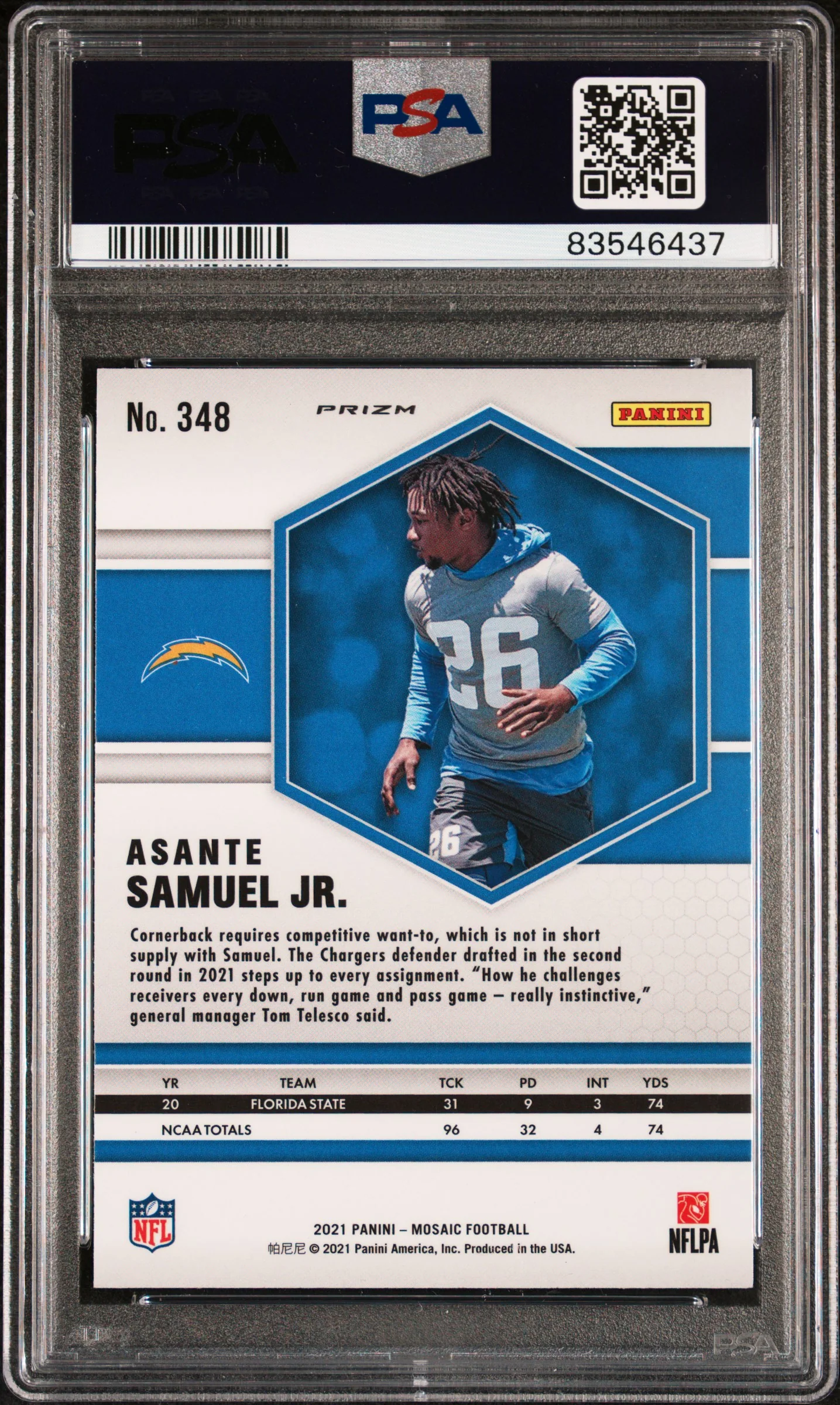 2021 Panini Mosaic Genesis Asante Samuel Jr. #348 RC PSA 10 - Image 2