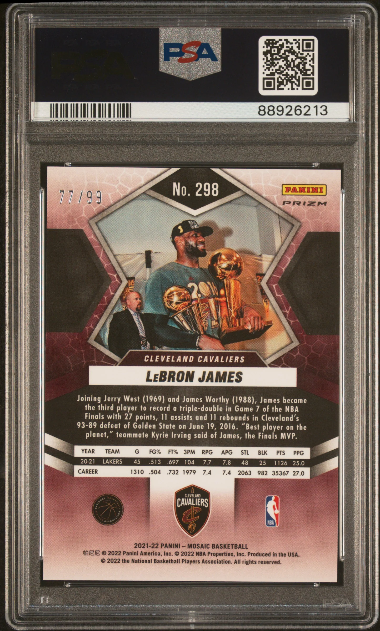 2021 Panini Mosaic Blue Mosaic LeBron James #298 /99 PSA 9 - Image 2