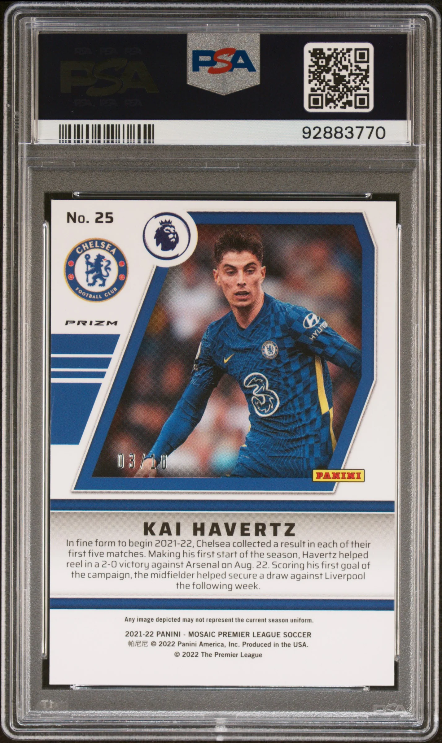 2021 Panini Mosaic Premier League Will To Win Gold Fluorescent Mosaic Kai Havertz #25 /10 PSA 10 - Image 2