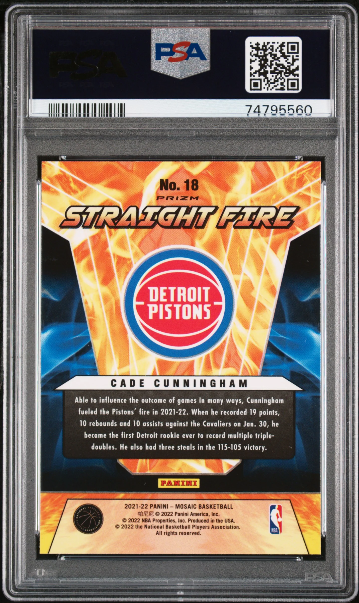 2021 Panini Mosaic Straight Fire Cade Cunningham #18 PSA 10 - Image 2