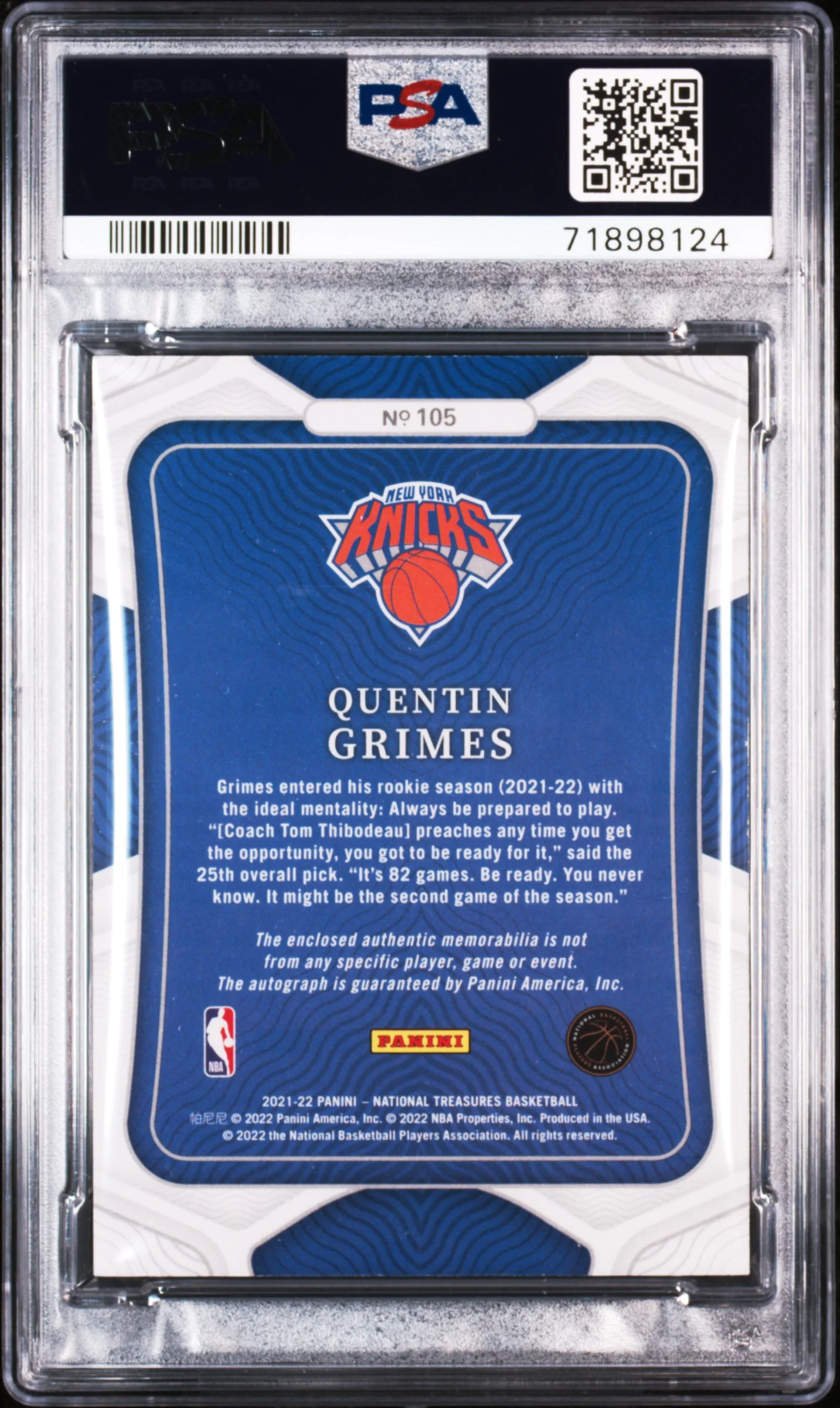 2021 Panini National Treasures Gold FOTL Quentin Grimes #105 RC Patch Auto /24 PSA 9 - Image 2