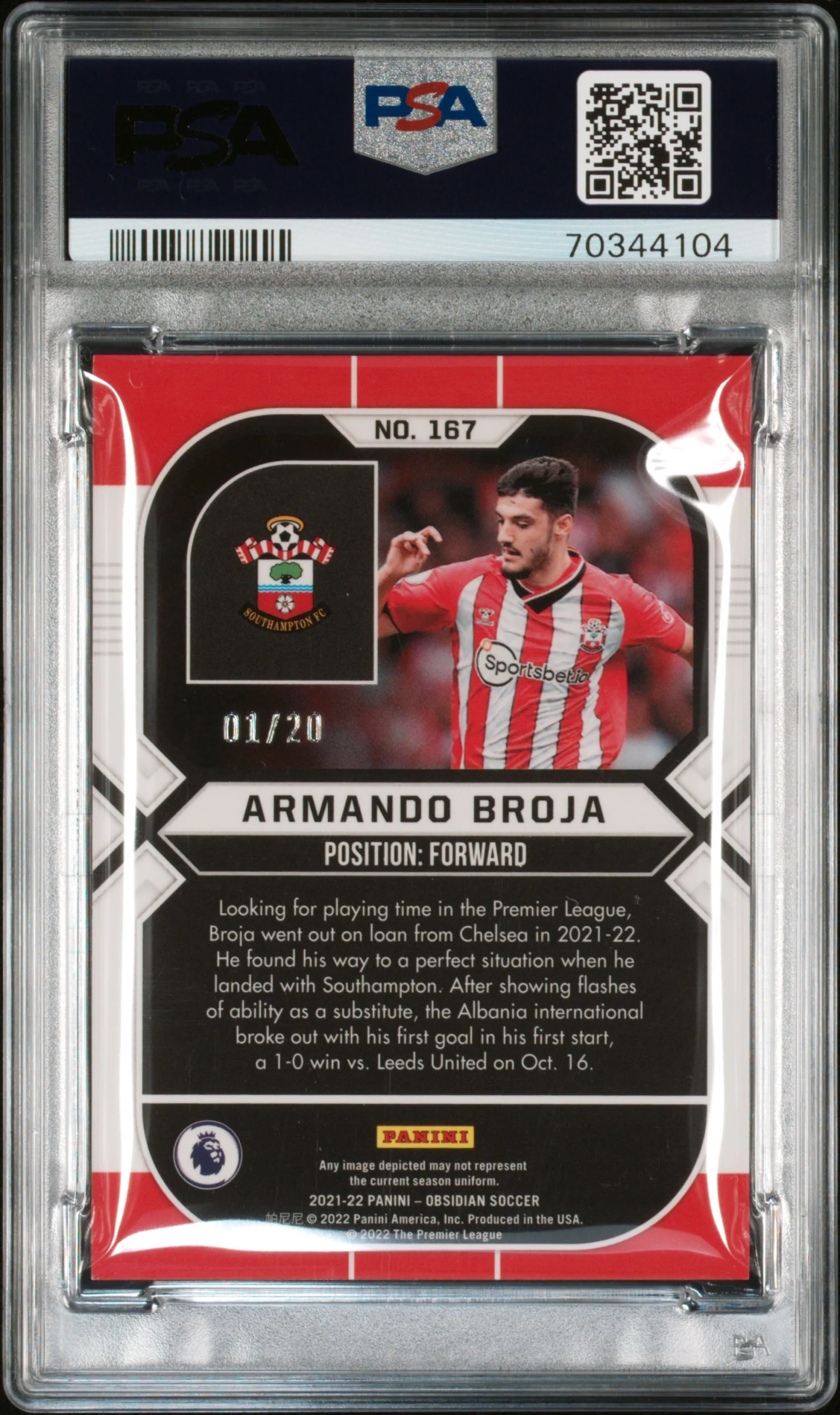 2021 Panini Obsidian Electric Etch Blue Armando Broja #167 /20 PSA 9 - Image 2