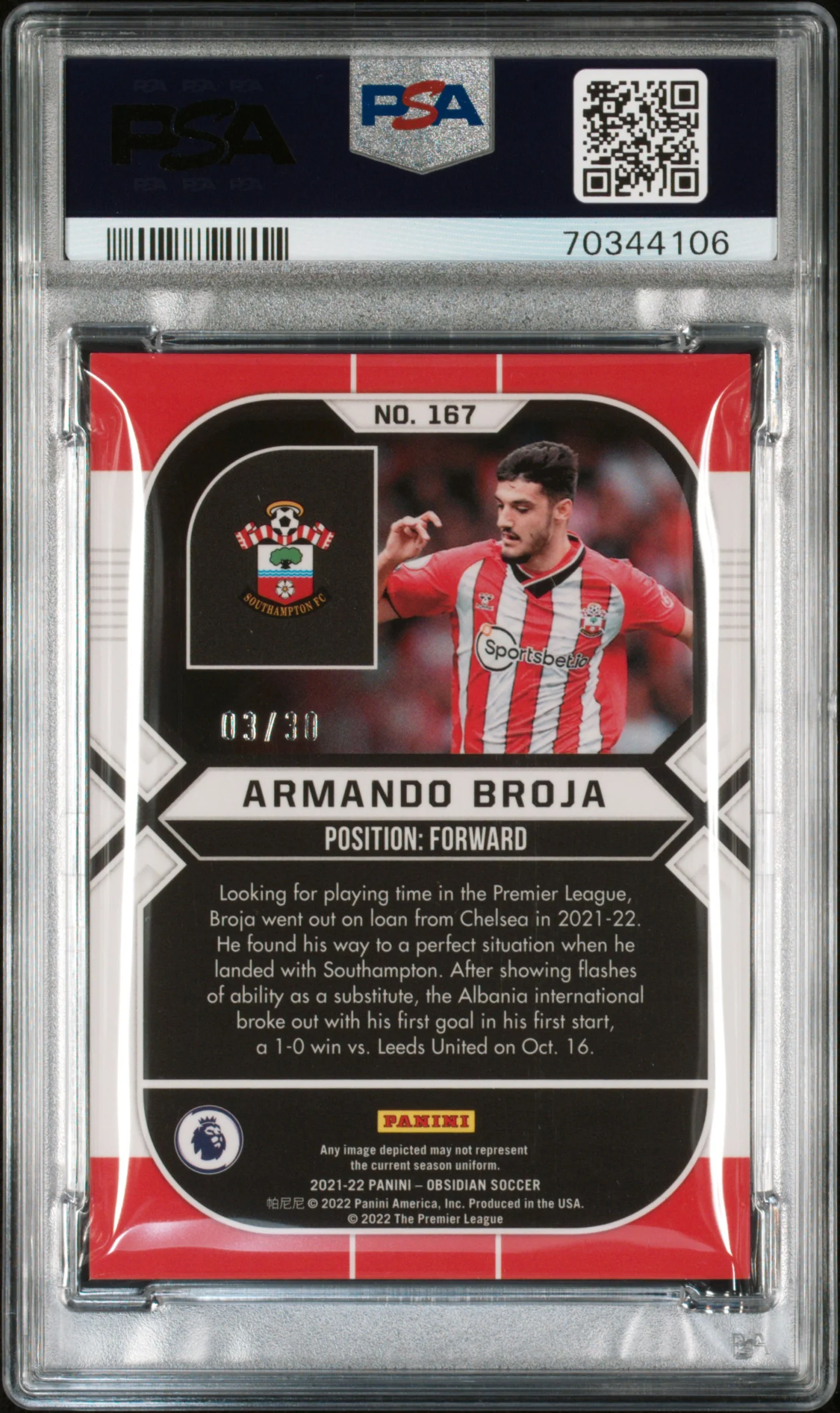 2021 Panini Obsidian Electric Etch Purple Armando Broja #167 /30 PSA 10 70344106 - Image 2